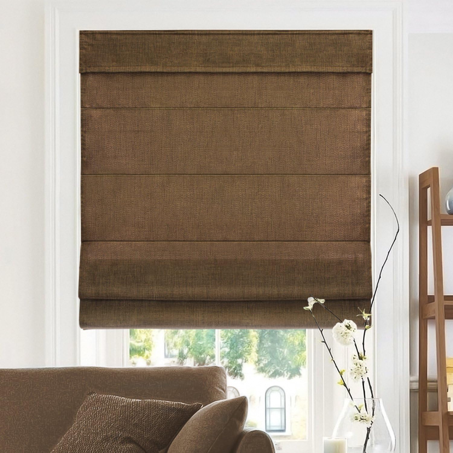 CHICOLOGY - RMBF3564 Cordless Roman Shades Cross-Hatched Modern Fabric Cascade Window Blind Treatment, 35"W X 64"H, Belgian Flax (Privacy & Light Filtering)