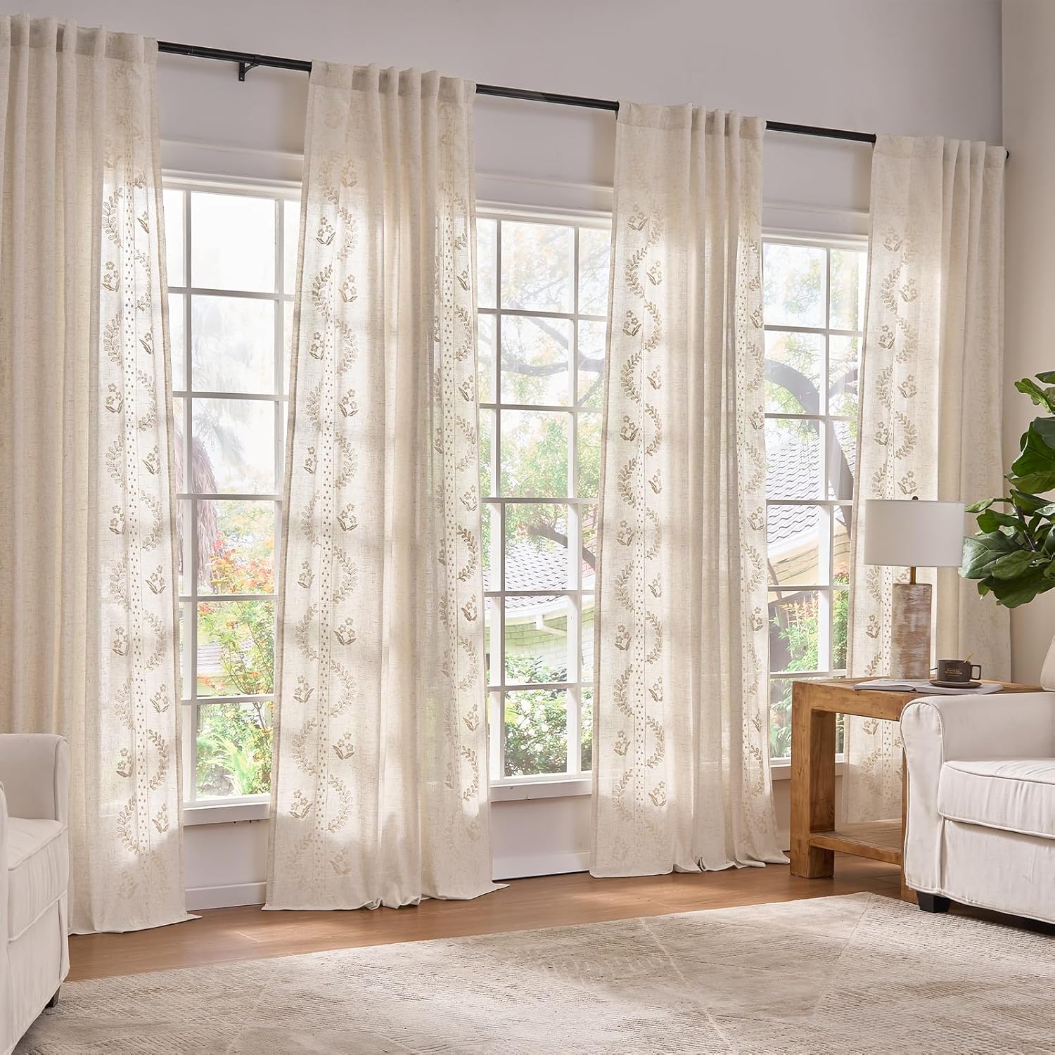 jinchan Belrose Linen Sheer Curtains for Living Room 84 Inch Length Sheer Voile Embroidered Floral Curtains for Bedroom Light Filtering Rod Pocket Window Treatments Farmhouse Decor 2 Panels Beige