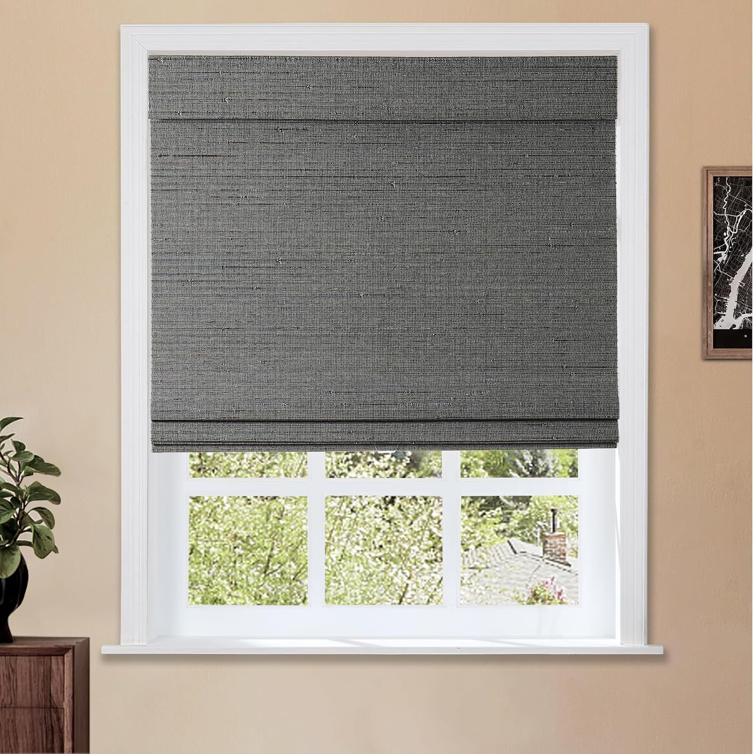 TWOPAGES Natural Cordless Ramie Roman Shade No Drill Customized Roman Blind Light Filtering Blackout Roman Window Shade for Windows, Beige, 1 Piece
