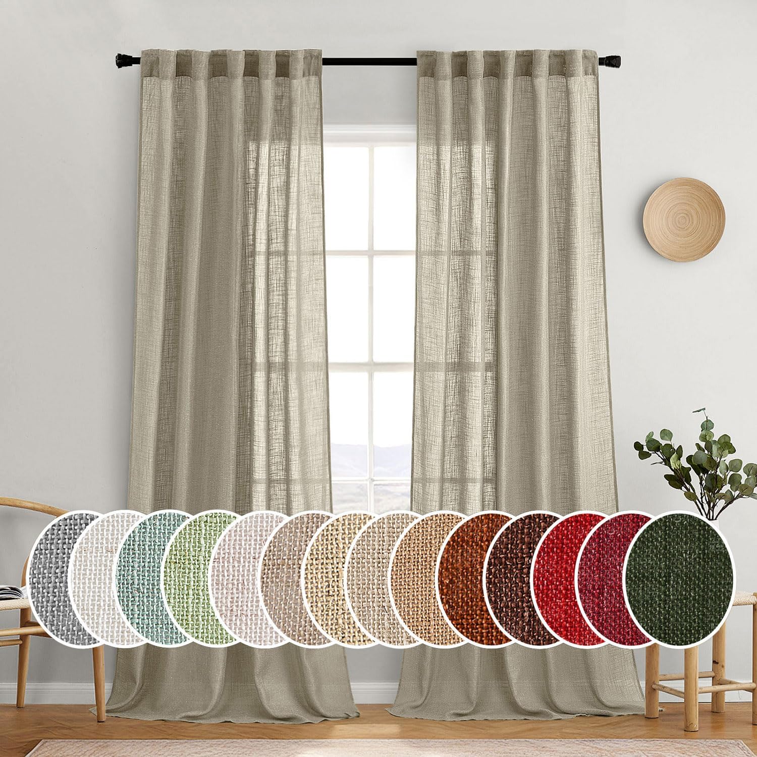 MIULEE Beige Linen Curtains 96 Inches Long 2 Panels for Bedroom Living Room, Soft Linen Textured Window Drapes Semi Sheer Light Filtering Back Tab Rod Pocket Farmhouse Modern Burlap Look Decor