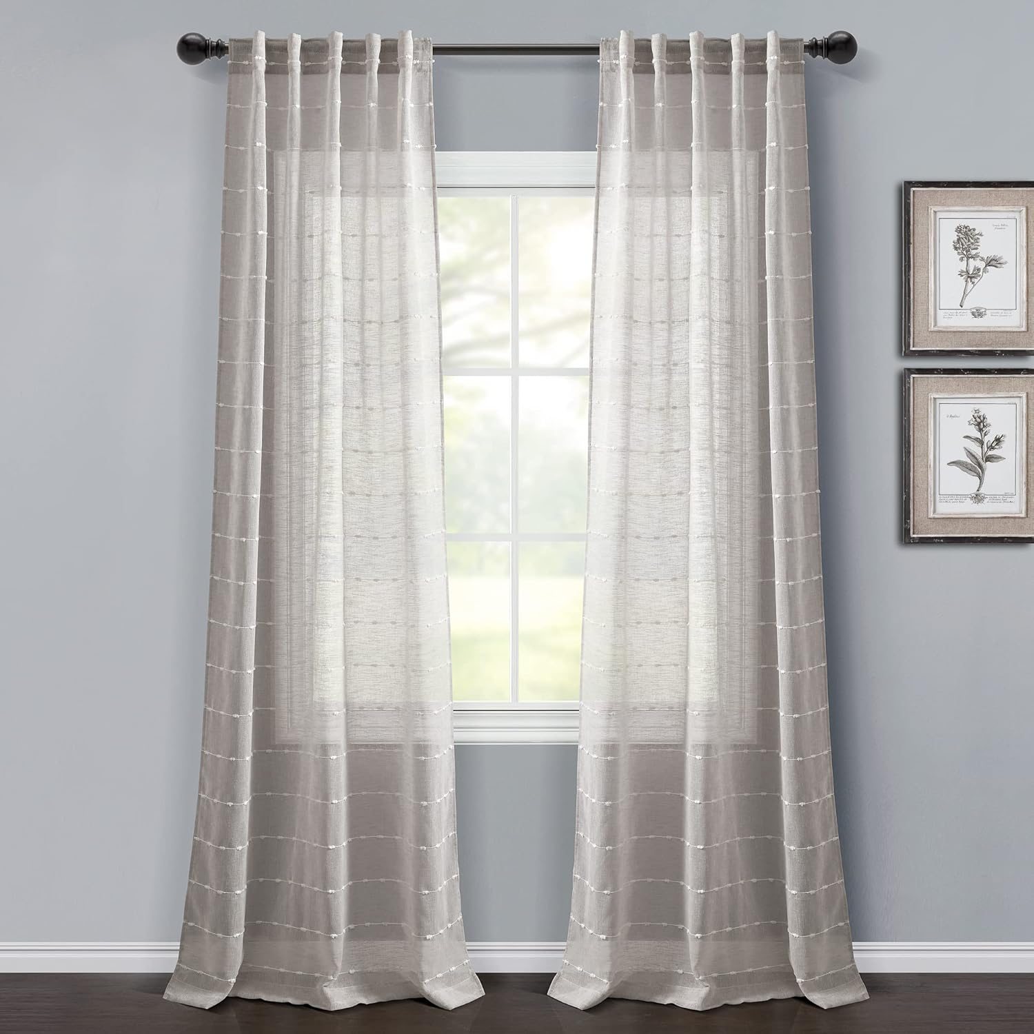 Lush Decor Farmhouse Textured Grommet Sheer Window Curtain Panel Pair, 38"W x 95"L, Beige
