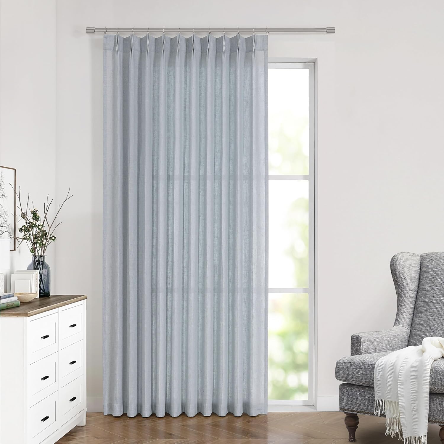 Vision Home Natural Pinch Pleated Semi Sheer Curtains Textured Linen Blended Light Filtering Window Curtains 90 inch for Living Room Bedroom Pinch Pleat Drapes with Hooks 2 Panels 42" Wx90 L