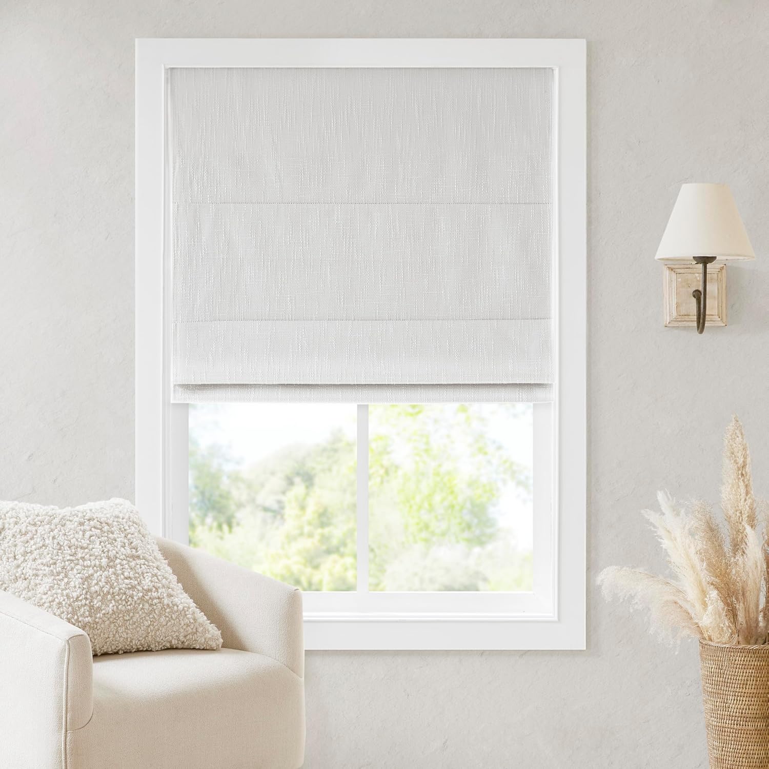 Madison Park Galen Cordless Roman Shade, 31"W x 64"H, Sheen Ivory – Room Darkening, Thermal Insulated, Energy Efficient Window Blind with Subtle Sheen Basketweave Fabric for Privacy