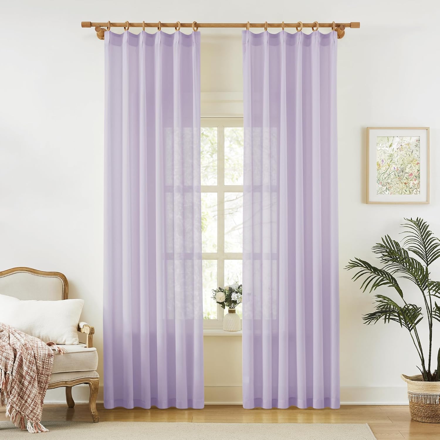 KangBang Pinch Pleat Sheer Curtains 112 Inches Long 2 Panels, Light Filtering Tree Branch Texture Soft Voile Drapes for Living Room Hotel Dorm, Gauzy and Breezy Window Panels, White,42x112 Inch