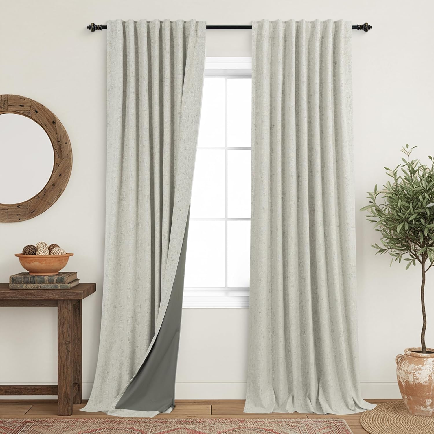 Extra Wide Soundproof Blackout Curtains with Pleated Back Tab Rod Pocket,96 Inch Long 2 Panel Set Thermal Curtain for Winter Insulated to Keep Cold Out Noise Reducing Curtains for Living Room Bedroom