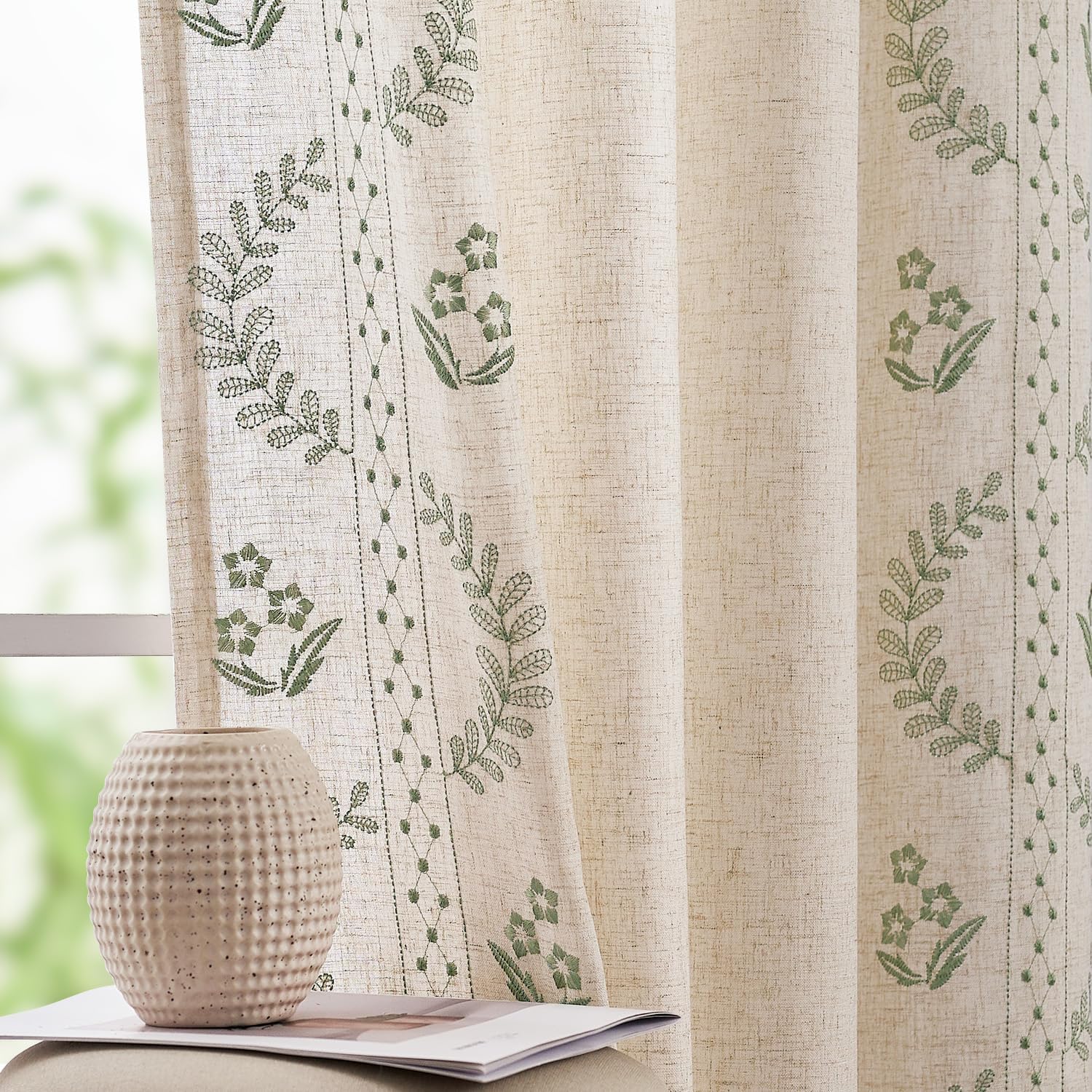 jinchan Belrose Linen Sheer Curtains for Living Room 84 Inch Length Sheer Voile Embroidered Floral Curtains for Bedroom Light Filtering Rod Pocket Window Treatments Farmhouse Decor 2 Panels Beige