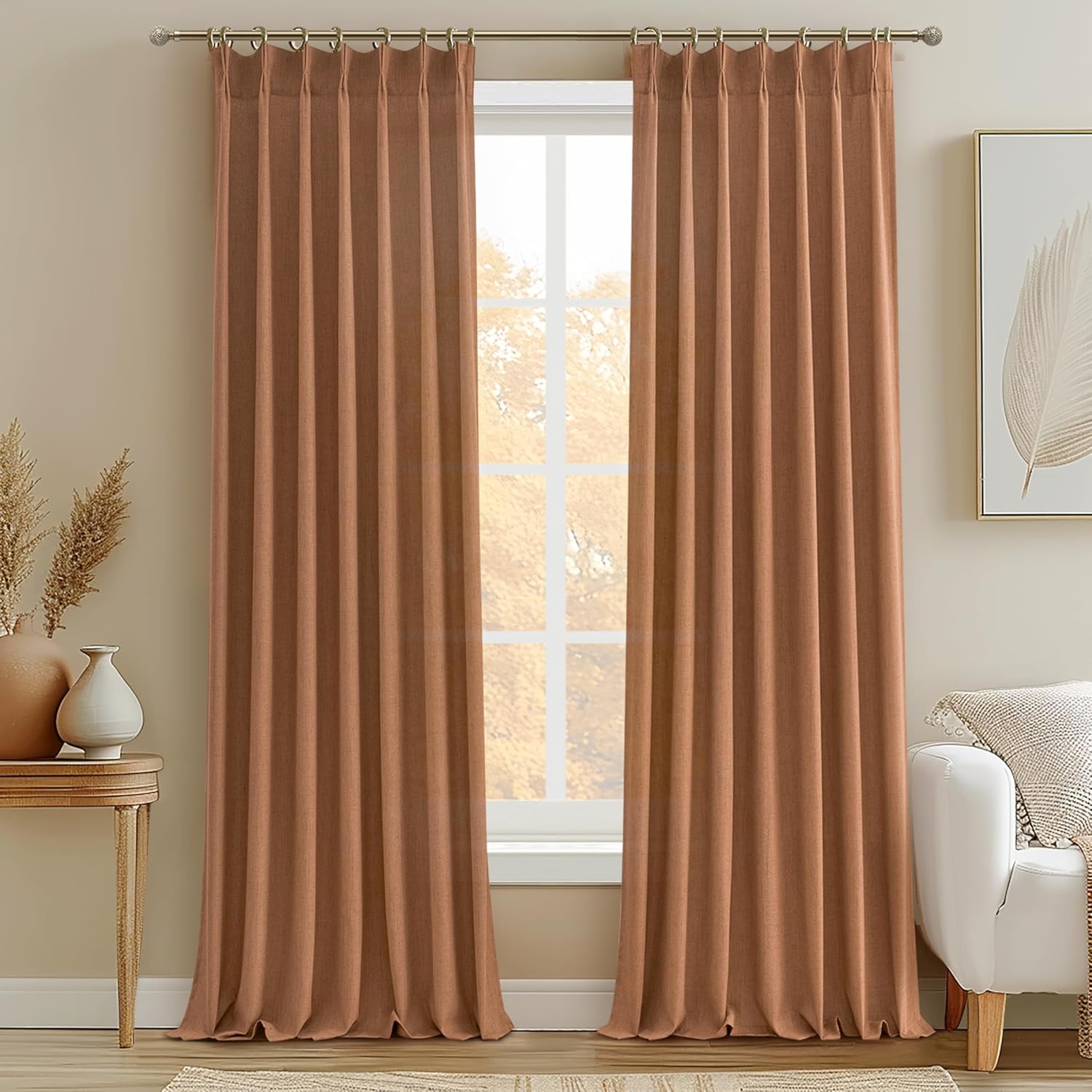 Pinch Pleated Linen Curtains 96 Inches Long for Living Room Bedroom, Light Filtering Boho Window Drape 96 inch 2 Panels Burgs with Hooks&Rings 8ft Cream Birch Sliding Glass Door Sheer Curtain Decor
