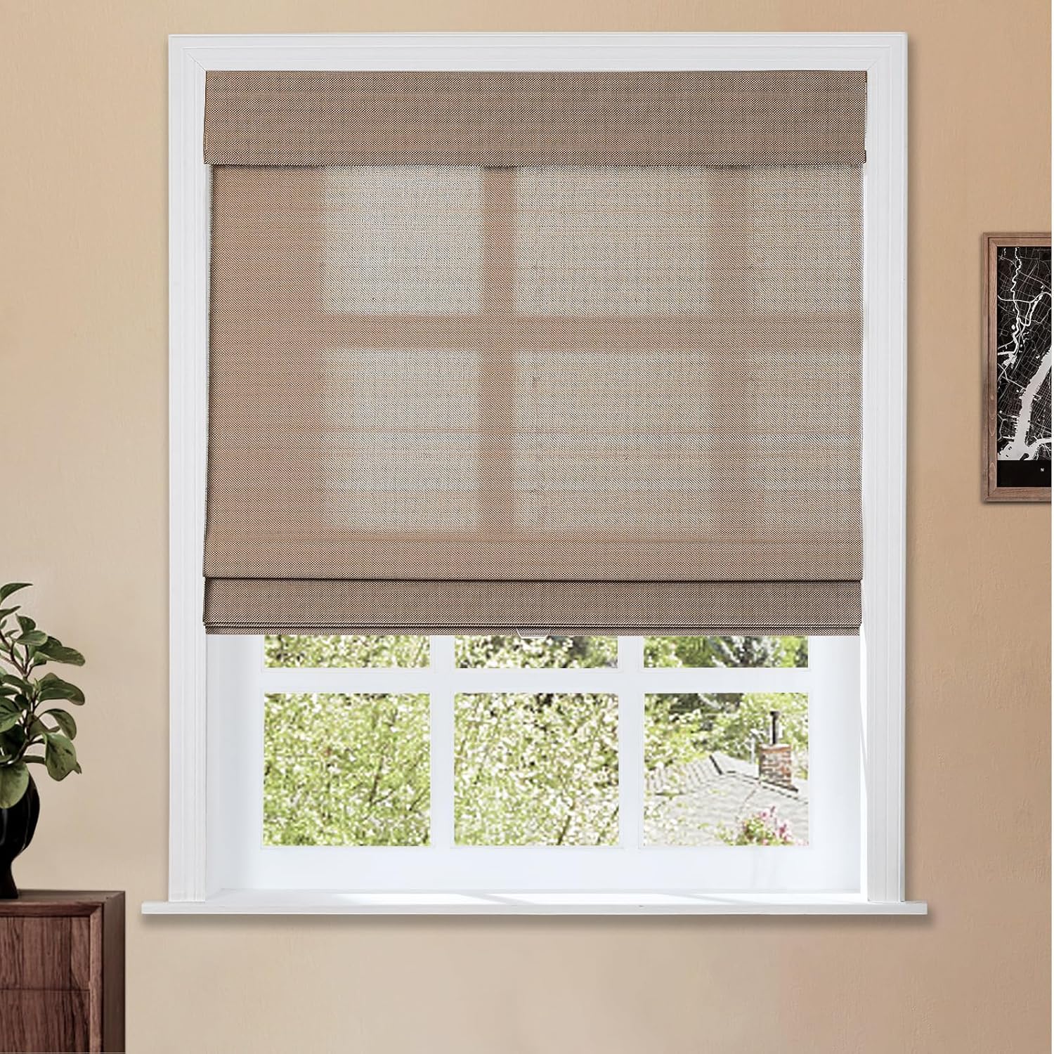 TWOPAGES Natural Cordless Ramie Roman Shade No Drill Customized Roman Blind Light Filtering Blackout Roman Window Shade for Windows, Beige, 1 Piece