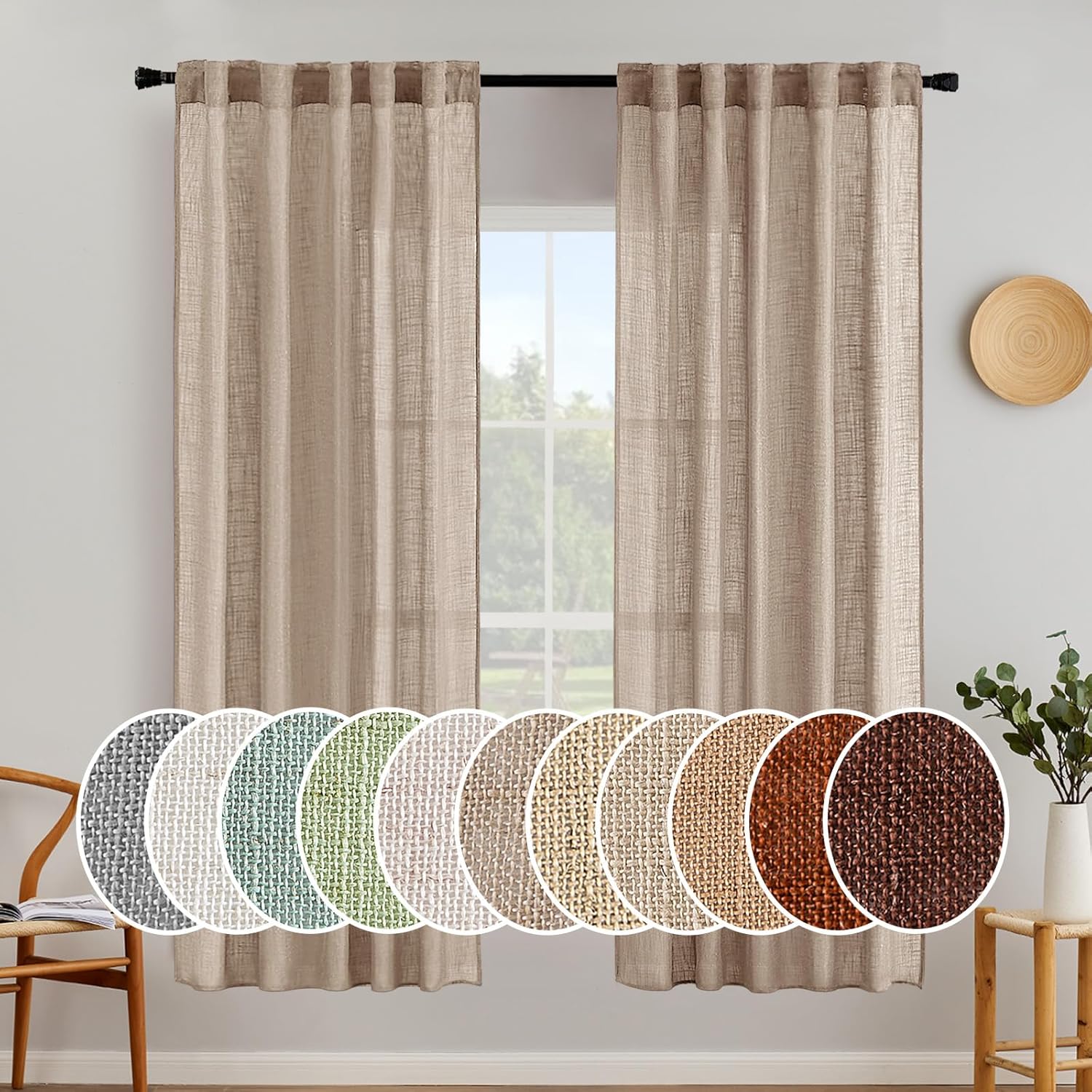 MIULEE Beige Linen Curtains 96 Inches Long 2 Panels for Bedroom Living Room, Soft Linen Textured Window Drapes Semi Sheer Light Filtering Back Tab Rod Pocket Farmhouse Modern Burlap Look Decor