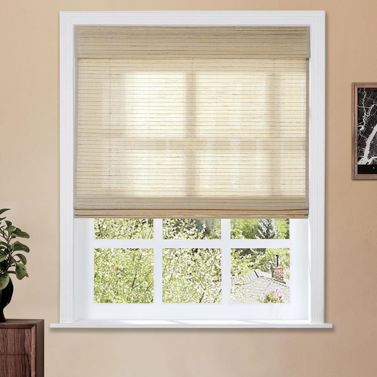 TWOPAGES Natural Cordless Ramie Roman Shade No Drill Customized Roman Blind Light Filtering Blackout Roman Window Shade for Windows, Beige, 1 Piece