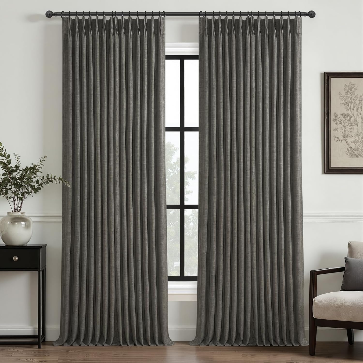 Beige White Blackout Floor to Ceiling Curtains 100 Inch Long for Sliding Door, Memory Trained Pinch Pleated Custom Double Layer Thick Linen Curtain Noise Reducing Light Blocking Bedroom Window Drapes