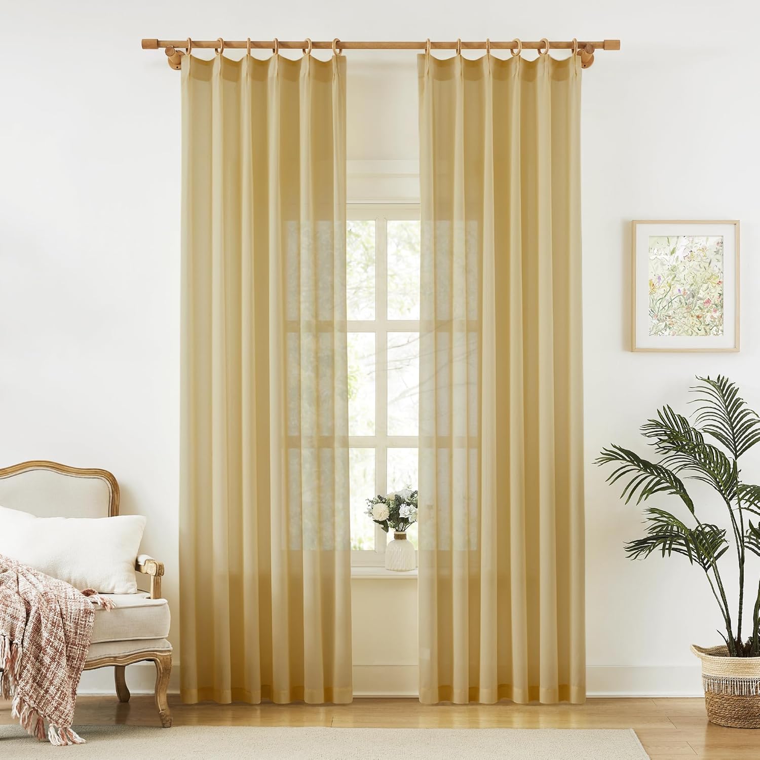 KangBang Pinch Pleat Sheer Curtains 112 Inches Long 2 Panels, Light Filtering Tree Branch Texture Soft Voile Drapes for Living Room Hotel Dorm, Gauzy and Breezy Window Panels, White,42x112 Inch