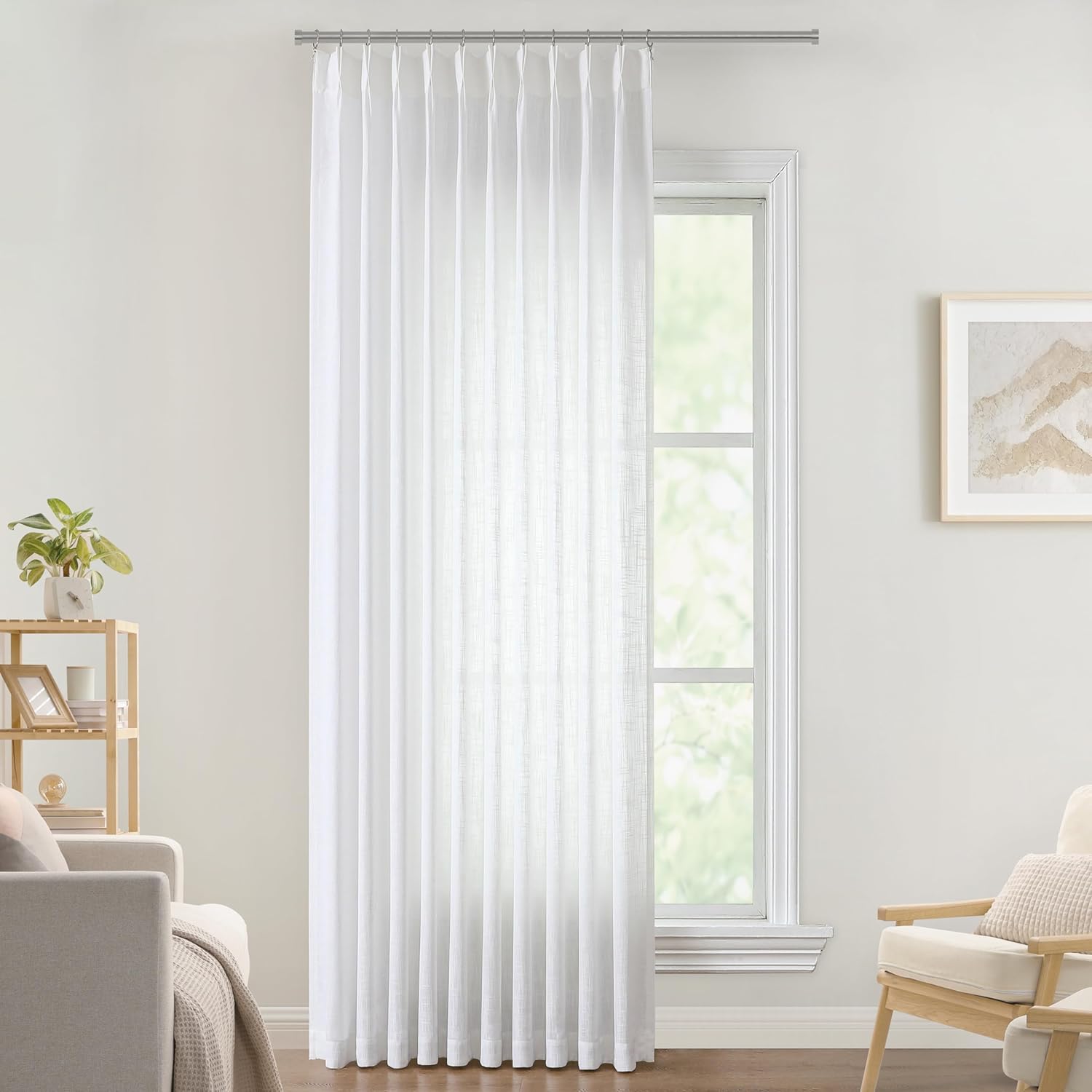 Vision Home Natural Pinch Pleated Semi Sheer Curtains Textured Linen Blended Light Filtering Window Curtains 90 inch for Living Room Bedroom Pinch Pleat Drapes with Hooks 2 Panels 42" Wx90 L