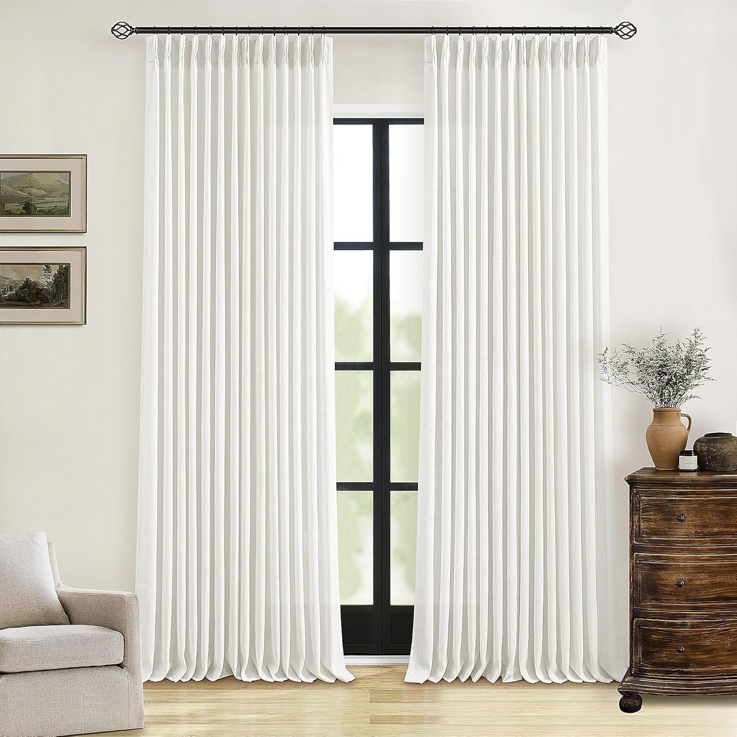 Natural Pinch Pleated Linen Curtains 84 Inch Length 2 Panels for Living Room Bedroom Textured Cream Ivory Birch Semi Sheer Boho Neutral Back Tab Pinch Pleat Hooks Rings Window Curtain 84 Inches Long