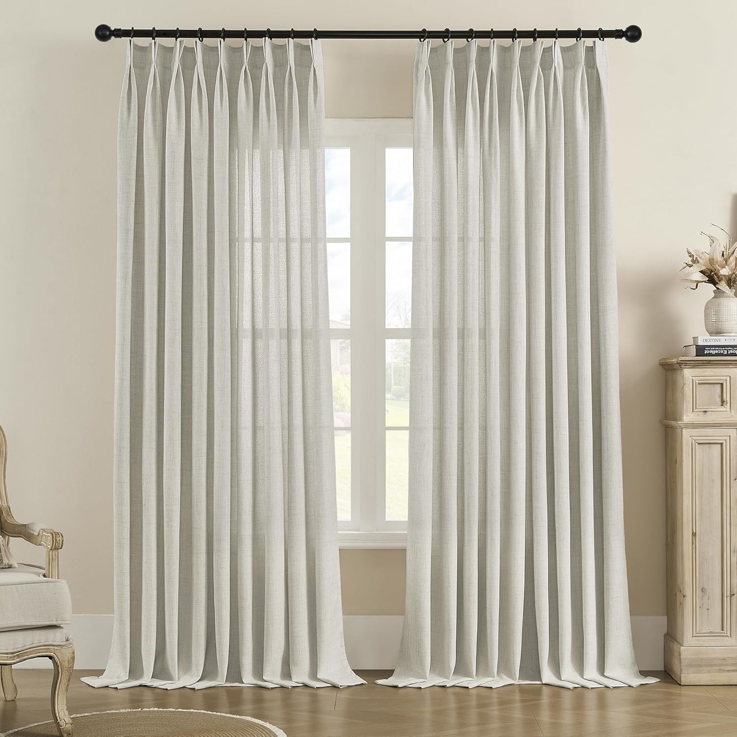 MASWOND Pinch Pleated Sheer Curtains 84 Inches Long for Living Room, Faux Linen Pinch Pleat Drapes for Bedroom Light Filtering Window Curtains with Tieback and Hooks (52" x 84", Natural, 1 Panel)
