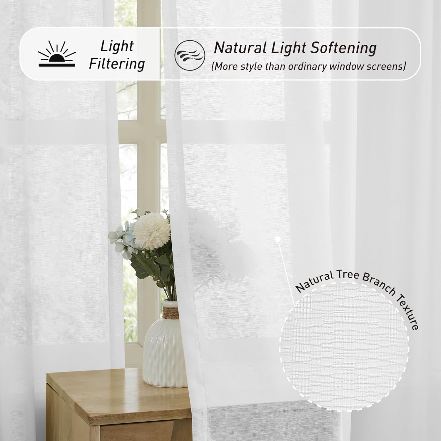 KangBang Pinch Pleat Sheer Curtains 112 Inches Long 2 Panels, Light Filtering Tree Branch Texture Soft Voile Drapes for Living Room Hotel Dorm, Gauzy and Breezy Window Panels, White,42x112 Inch