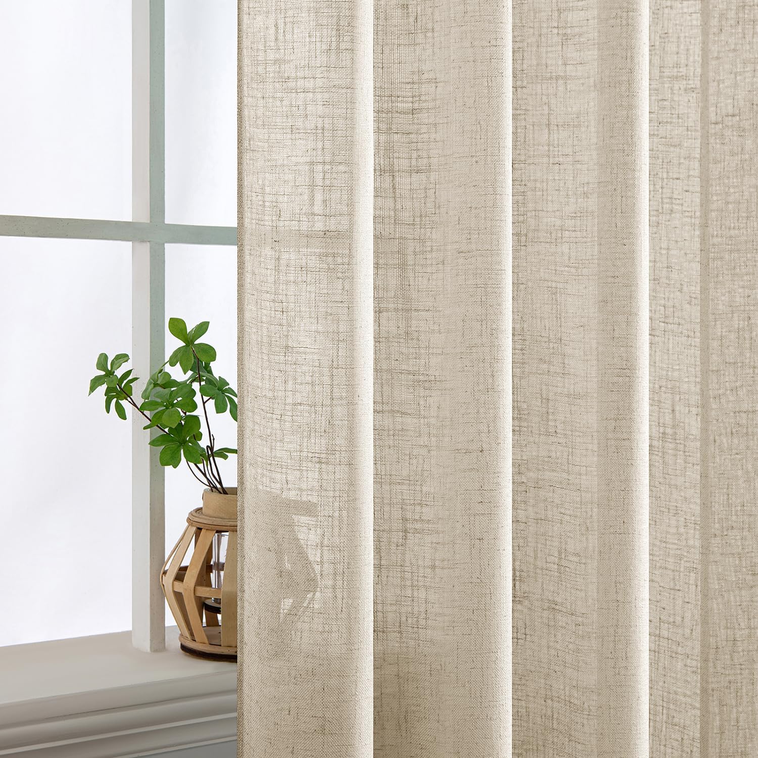 MIULEE Beige Linen Curtains 96 Inches Long 2 Panels for Bedroom Living Room, Soft Linen Textured Window Drapes Semi Sheer Light Filtering Back Tab Rod Pocket Farmhouse Modern Burlap Look Decor