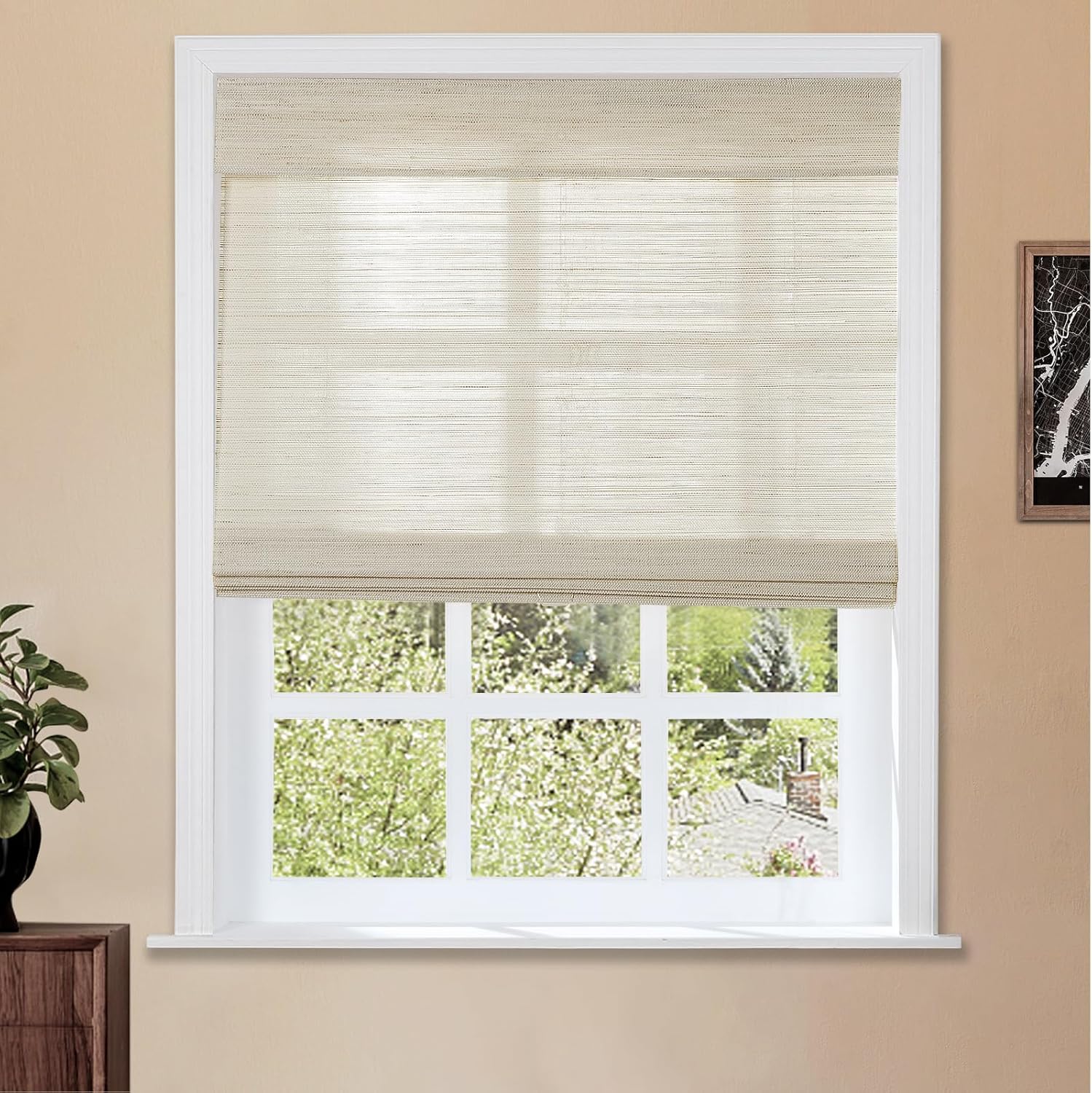 TWOPAGES Natural Cordless Ramie Roman Shade No Drill Customized Roman Blind Light Filtering Blackout Roman Window Shade for Windows, Beige, 1 Piece