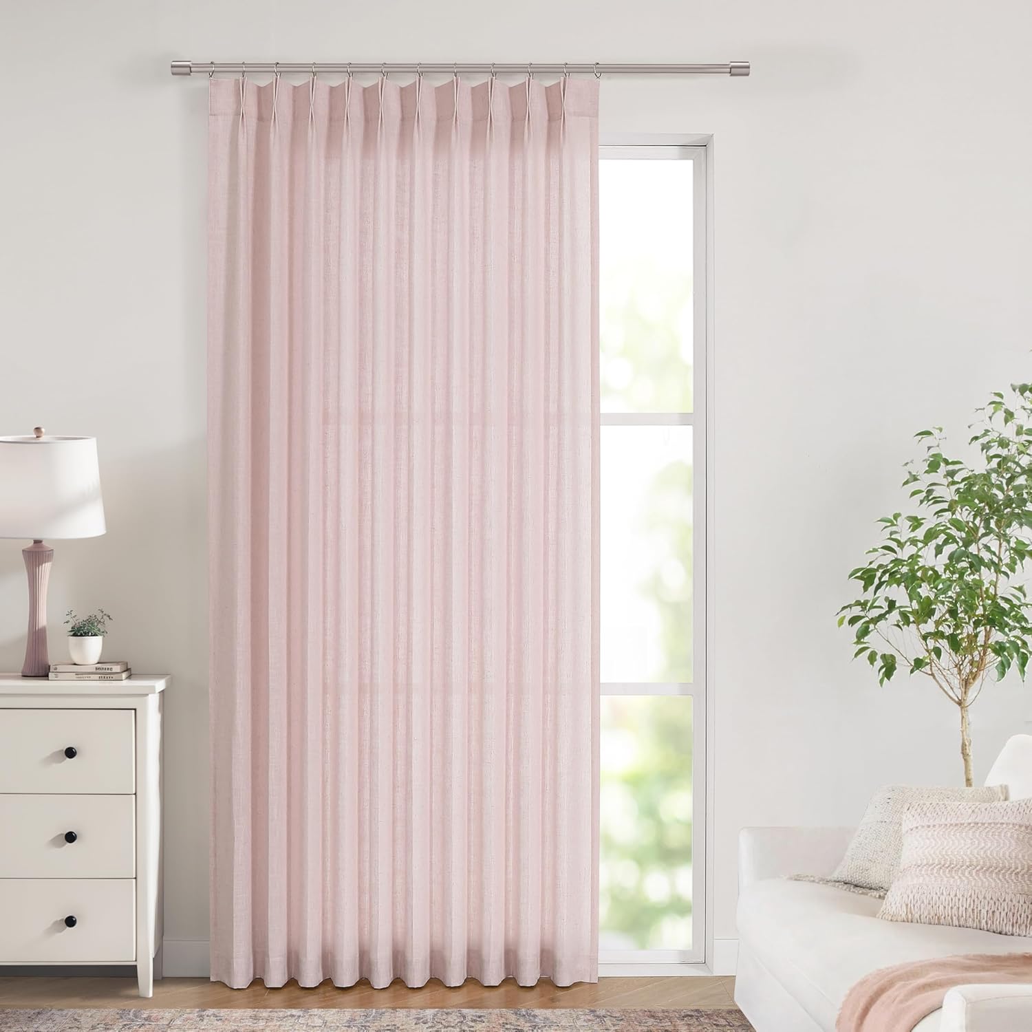 Vision Home Natural Pinch Pleated Semi Sheer Curtains Textured Linen Blended Light Filtering Window Curtains 90 inch for Living Room Bedroom Pinch Pleat Drapes with Hooks 2 Panels 42" Wx90 L