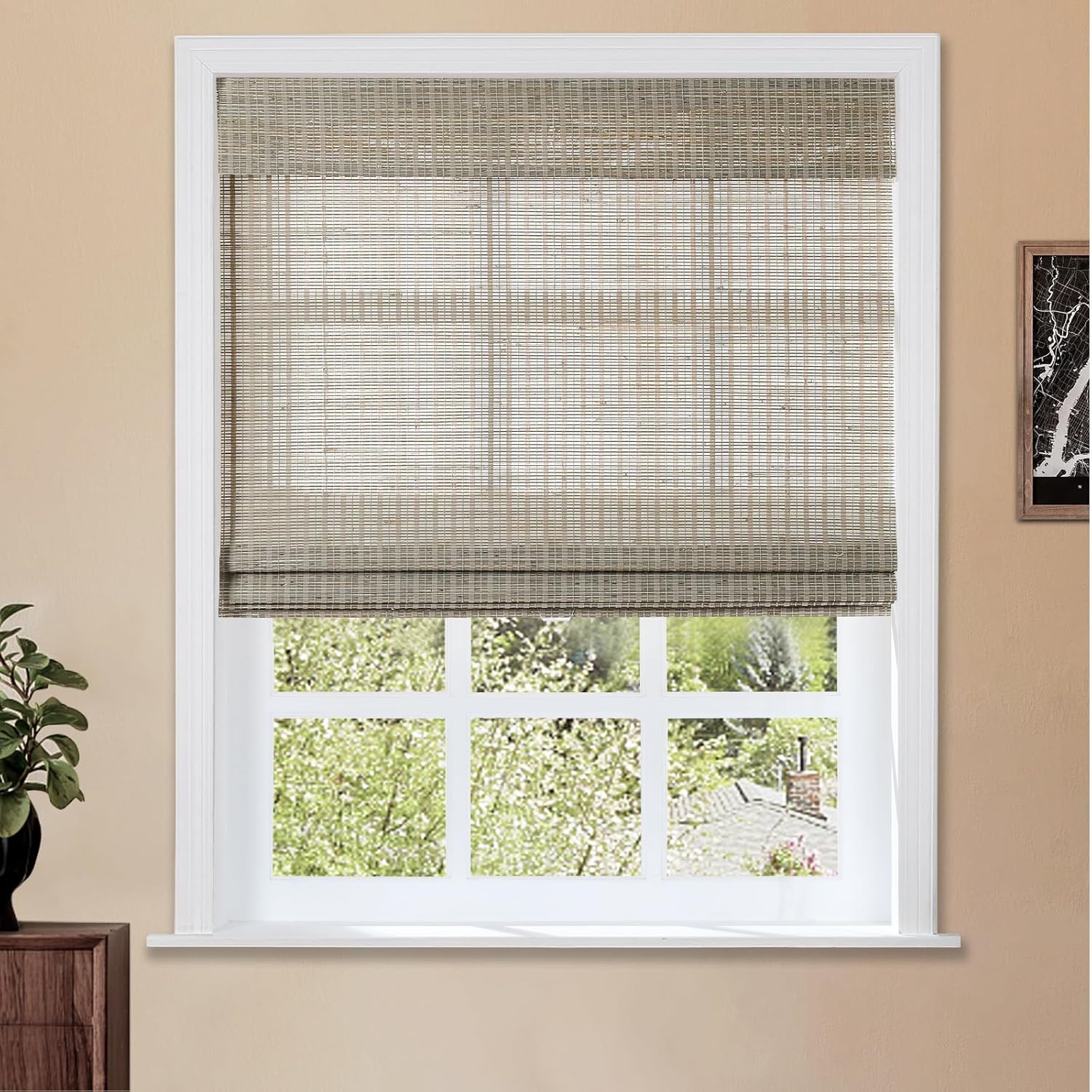TWOPAGES Natural Cordless Ramie Roman Shade No Drill Customized Roman Blind Light Filtering Blackout Roman Window Shade for Windows, Beige, 1 Piece