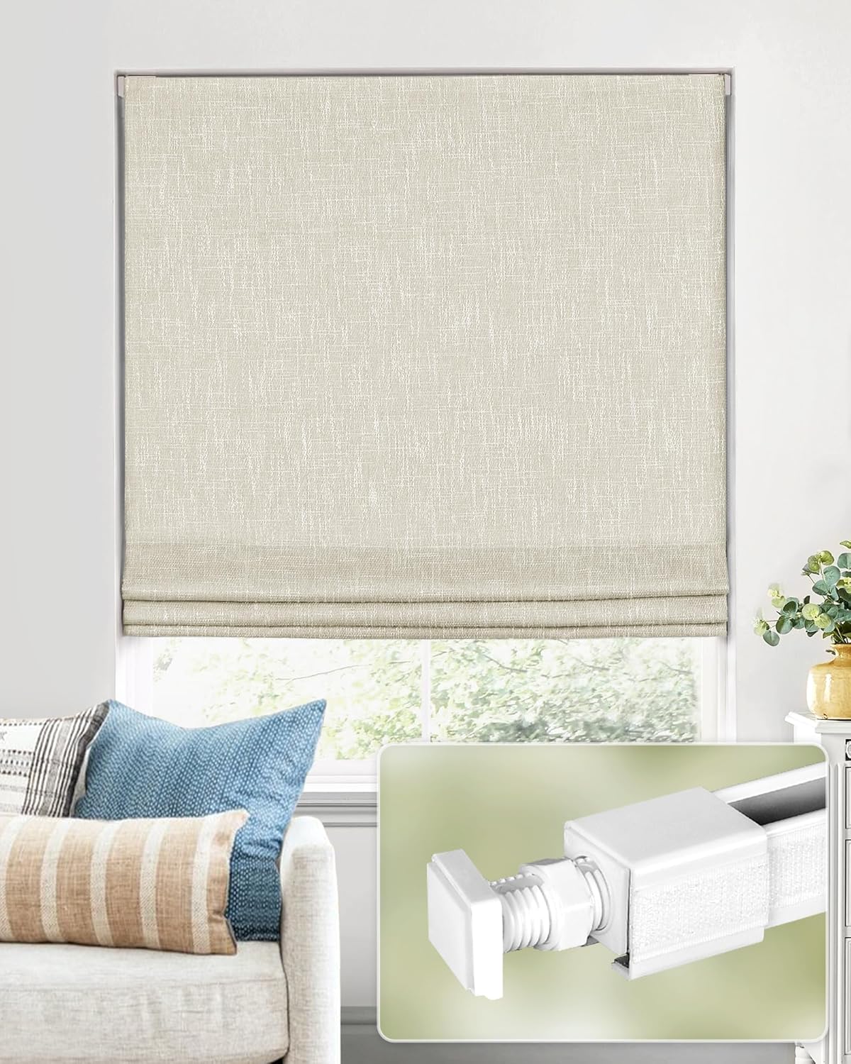 No Tools No Drill Cordless Roman Shades for Indoor Windows 100% Blackout, for Window Size 47" W × 64" H Beige