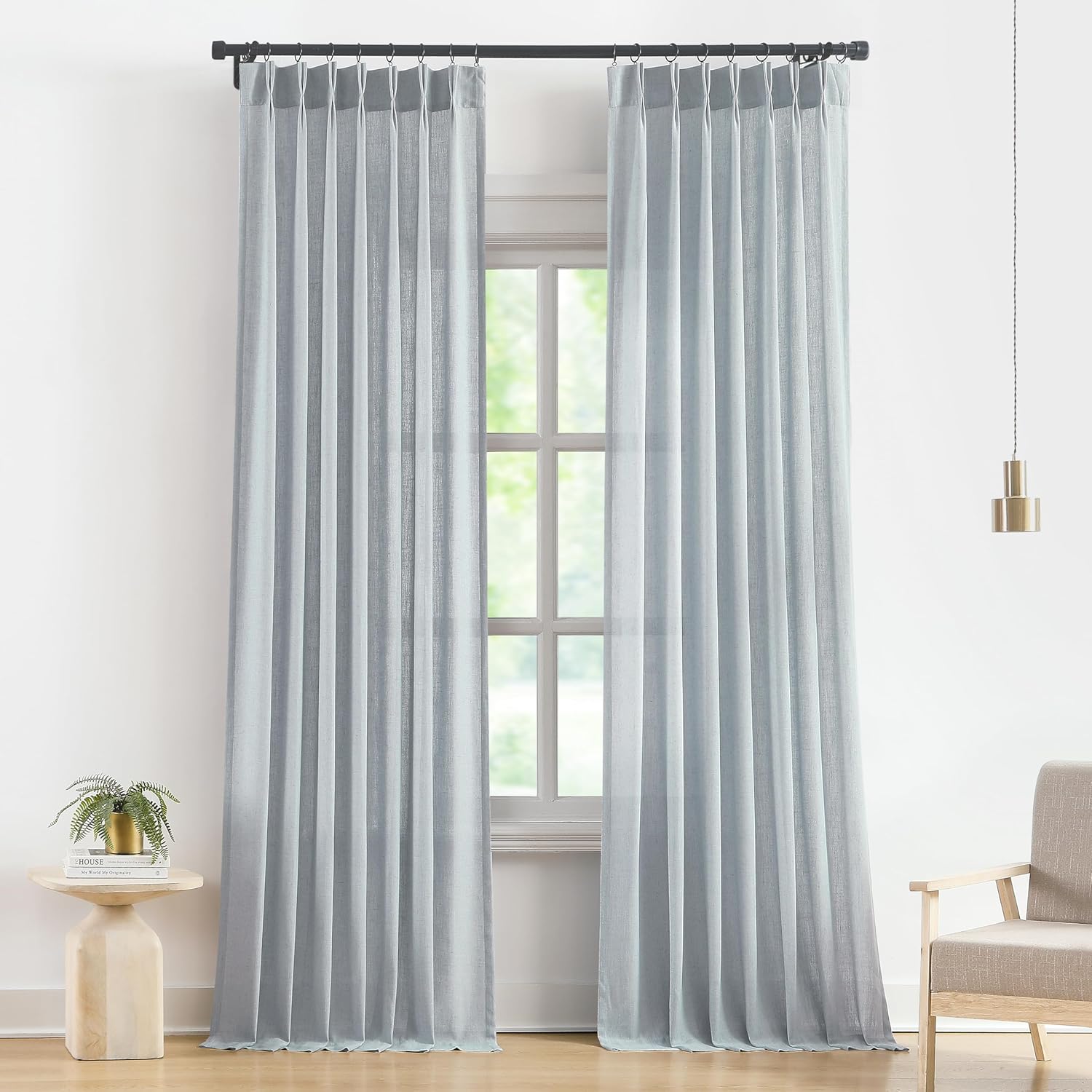 Vision Home Natural Pinch Pleated Semi Sheer Curtains Textured Linen Blended Light Filtering Window Curtains 90 inch for Living Room Bedroom Pinch Pleat Drapes with Hooks 2 Panels 42" Wx90 L