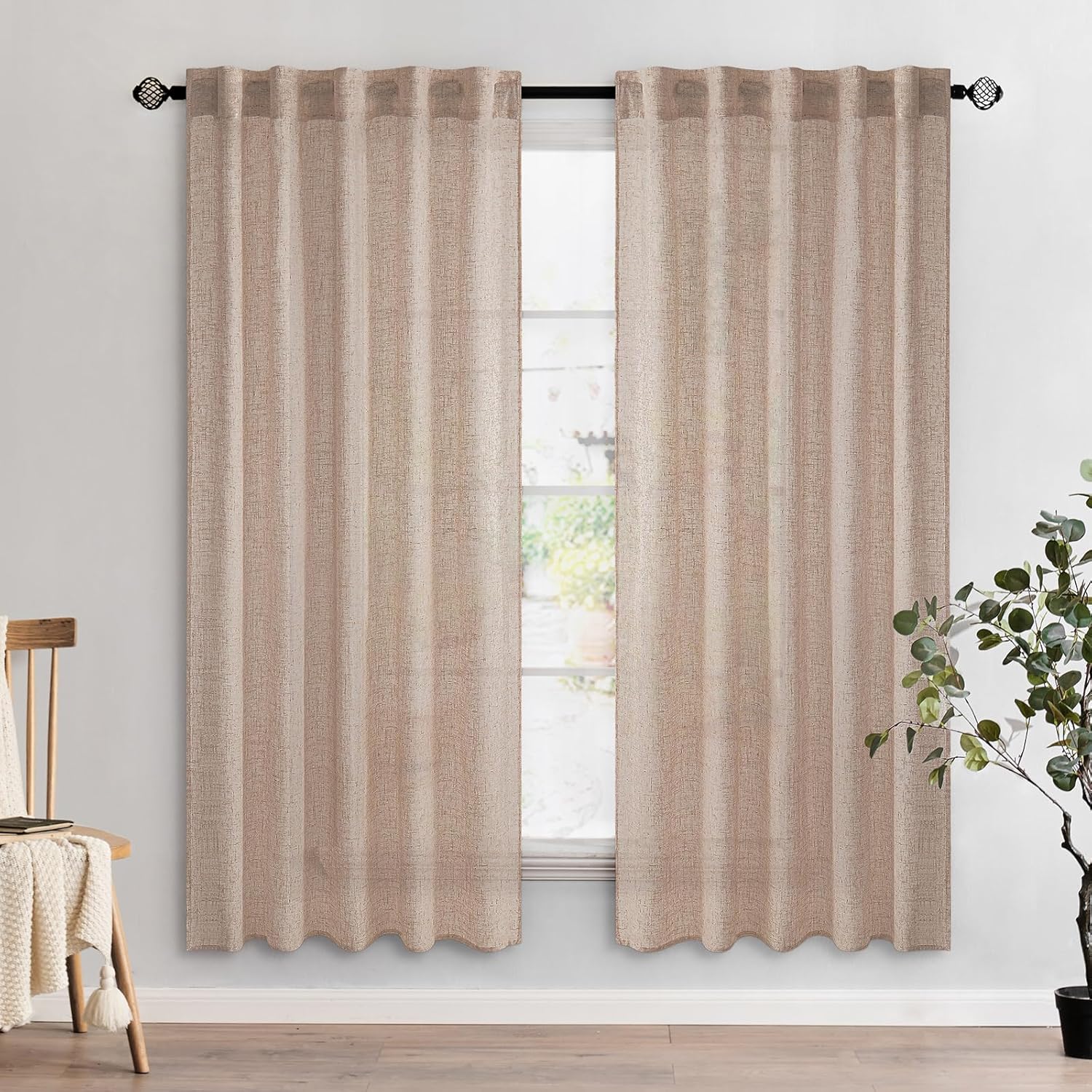 MIULEE Beige Linen Curtains 96 Inches Long 2 Panels for Bedroom Living Room, Soft Linen Textured Window Drapes Semi Sheer Light Filtering Back Tab Rod Pocket Farmhouse Modern Burlap Look Decor