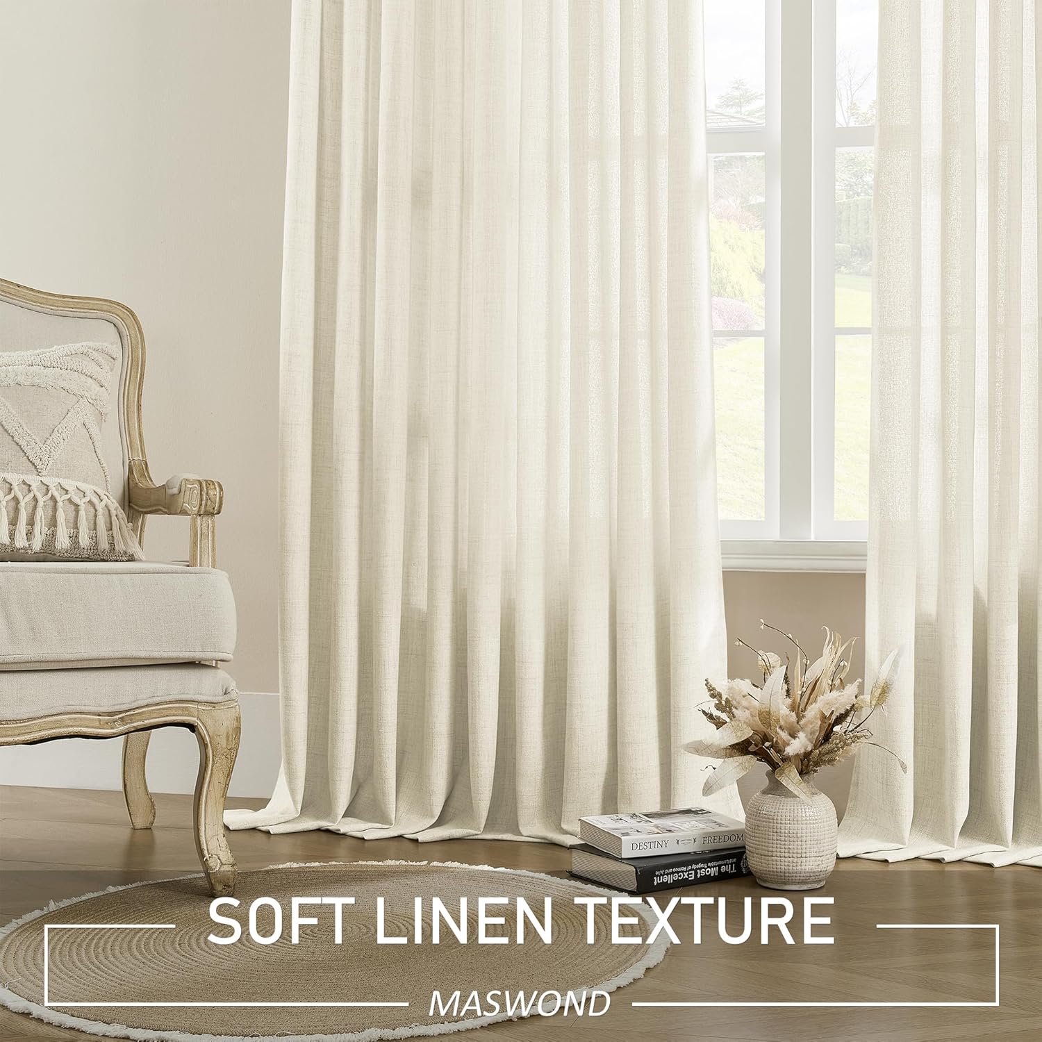 MASWOND Pinch Pleated Sheer Curtains 84 Inches Long for Living Room, Faux Linen Pinch Pleat Drapes for Bedroom Light Filtering Window Curtains with Tieback and Hooks (52" x 84", Natural, 1 Panel)