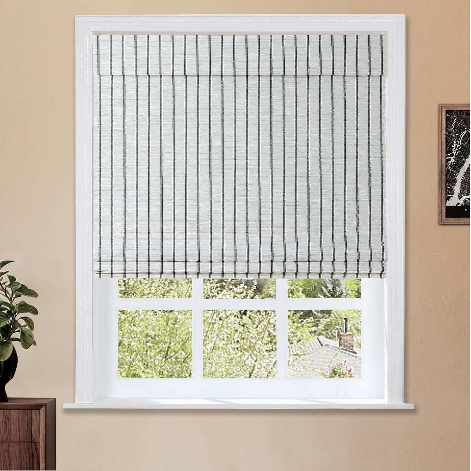 TWOPAGES Natural Cordless Ramie Roman Shade No Drill Customized Roman Blind Light Filtering Blackout Roman Window Shade for Windows, Beige, 1 Piece