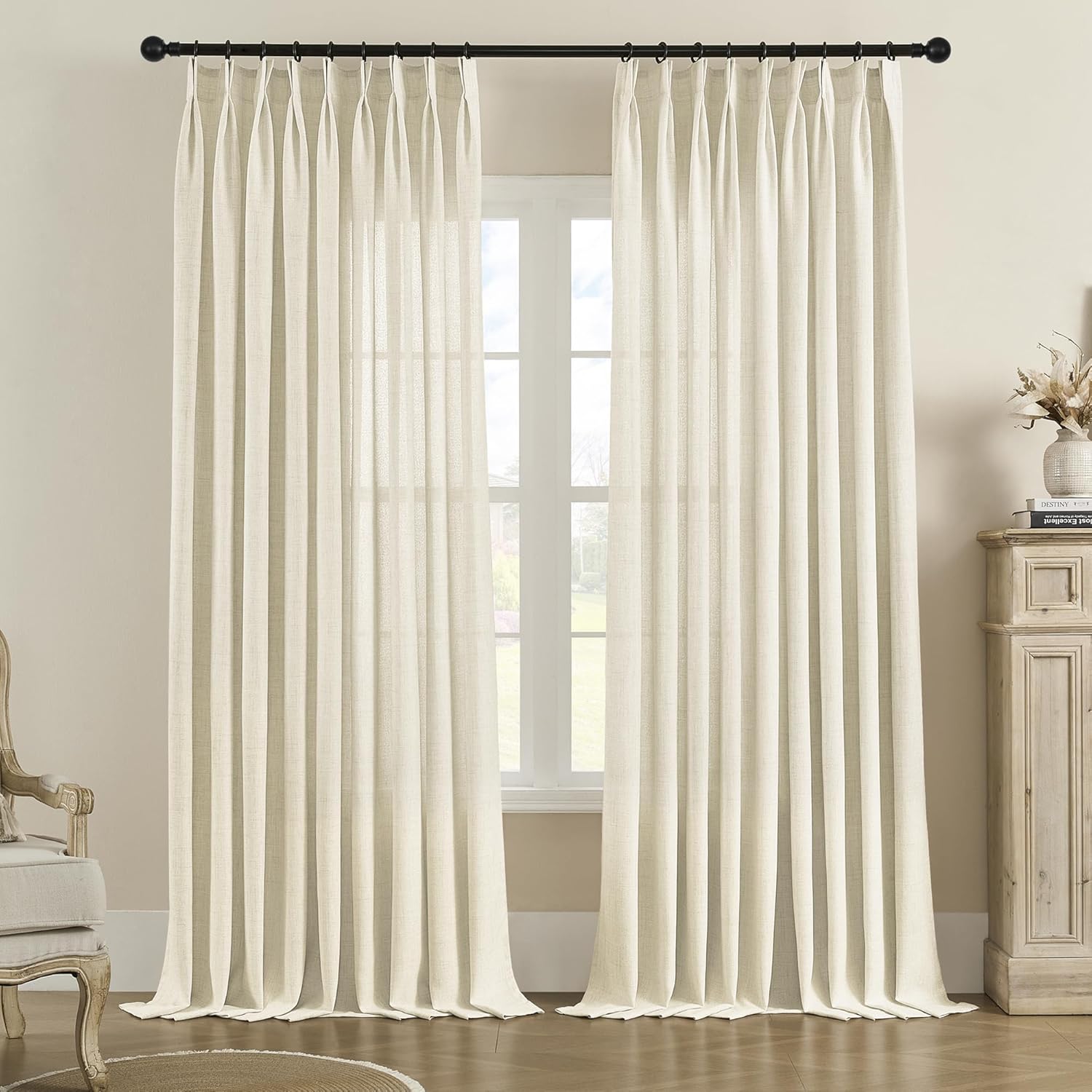 MASWOND Pinch Pleated Sheer Curtains 84 Inches Long for Living Room, Faux Linen Pinch Pleat Drapes for Bedroom Light Filtering Window Curtains with Tieback and Hooks (52" x 84", Natural, 1 Panel)