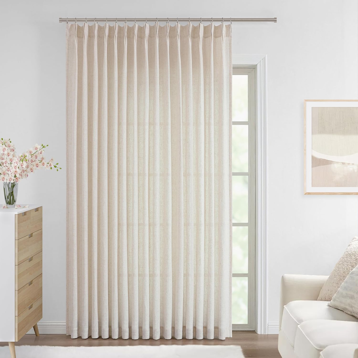 Vision Home Natural Pinch Pleated Semi Sheer Curtains Textured Linen Blended Light Filtering Window Curtains 90 inch for Living Room Bedroom Pinch Pleat Drapes with Hooks 2 Panels 42" Wx90 L