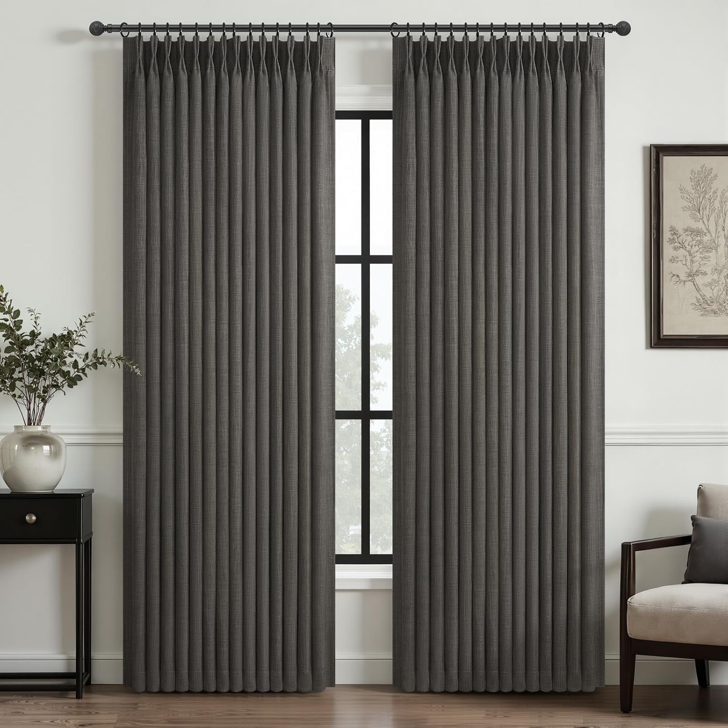 Memory Trained Pinch Pleated 96 Inch Viral Curtains for Living Room 2 Panels Set, Dark Grey Blackout Double Layer Linen Thermal Privacy Noise Reducing Elegant Windows Curtain for Kids Room 8 FT Length