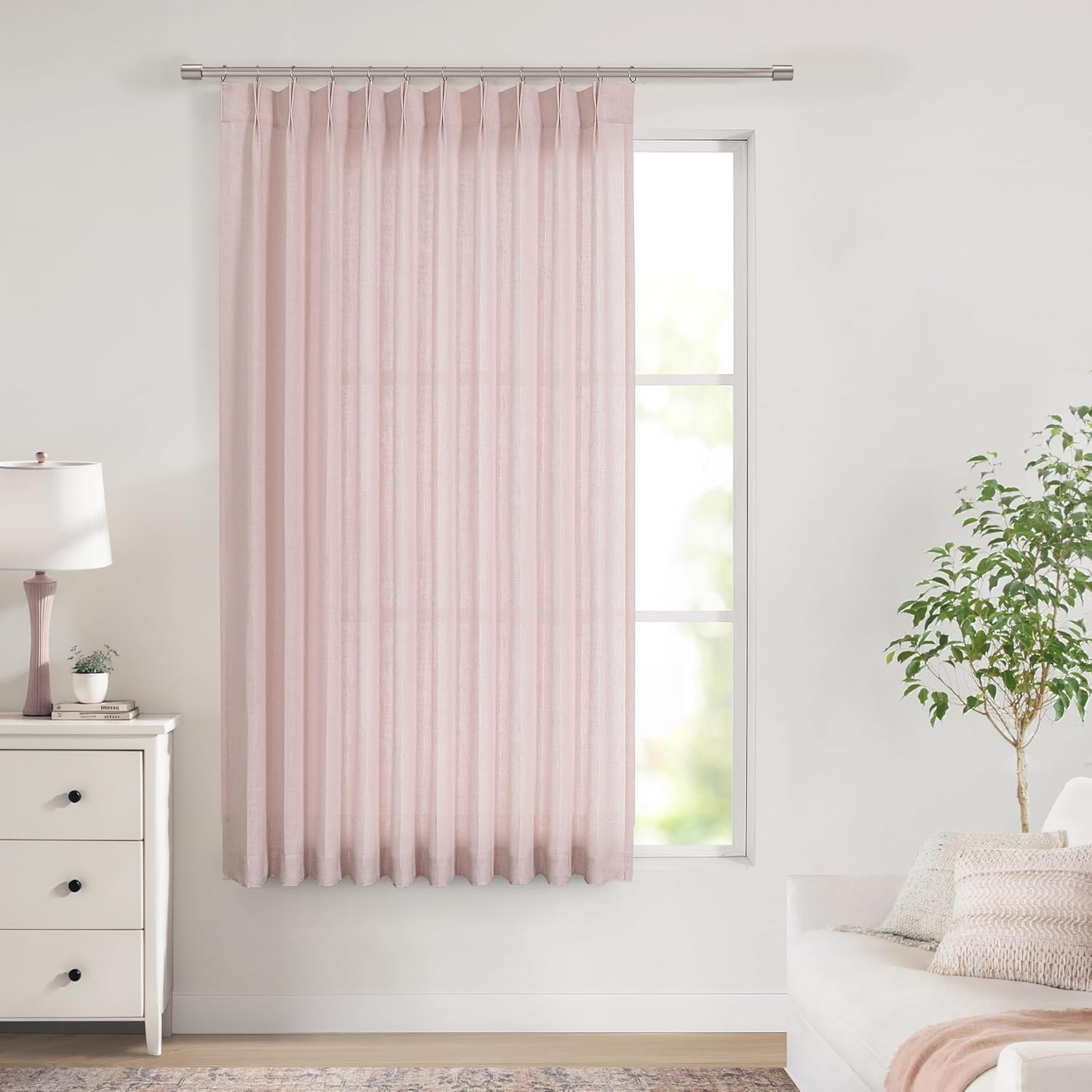 Vision Home Natural Pinch Pleated Semi Sheer Curtains Textured Linen Blended Light Filtering Window Curtains 90 inch for Living Room Bedroom Pinch Pleat Drapes with Hooks 2 Panels 42" Wx90 L