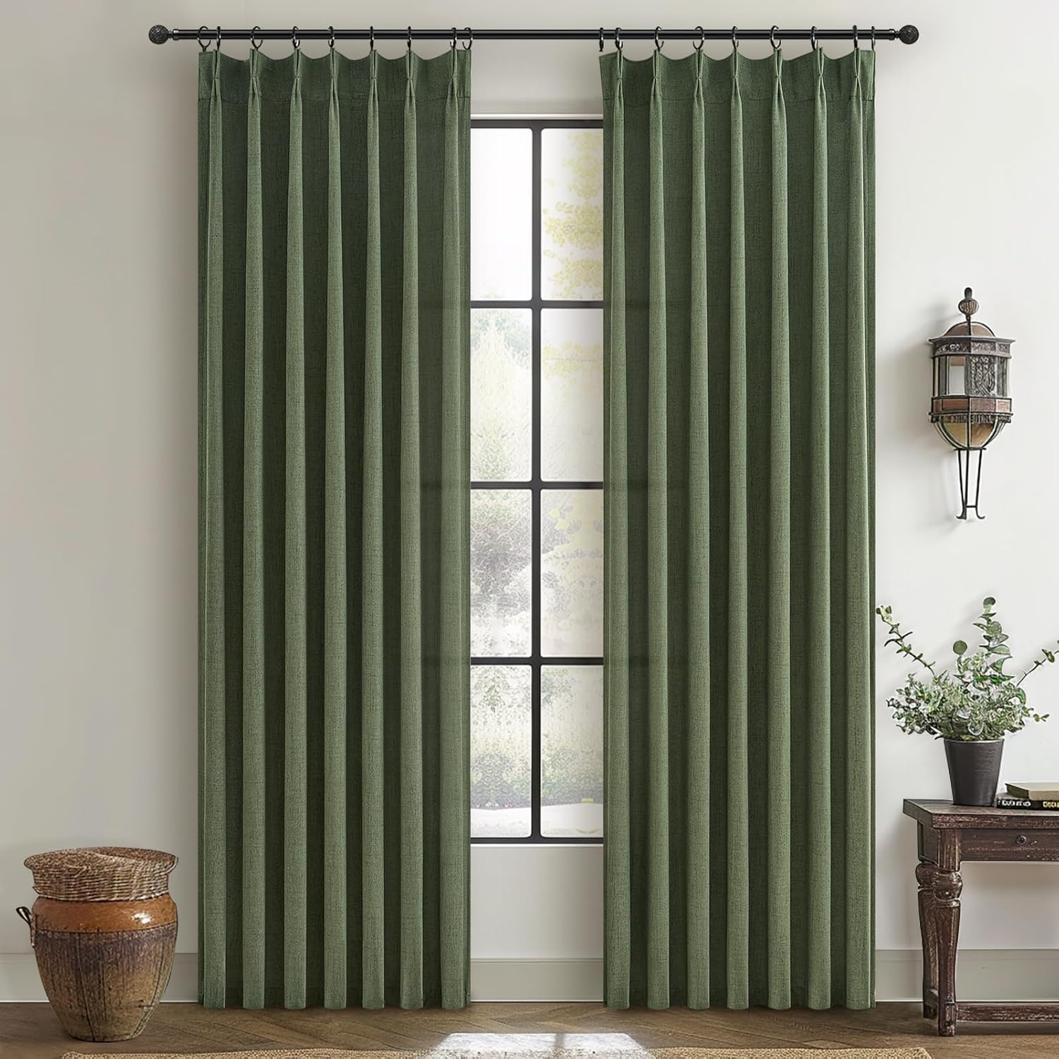 Pinch Pleated Linen Curtains 96 Inches Long for Living Room Bedroom, Light Filtering Boho Window Drape 96 inch 2 Panels Burgs with Hooks&Rings 8ft Cream Birch Sliding Glass Door Sheer Curtain Decor