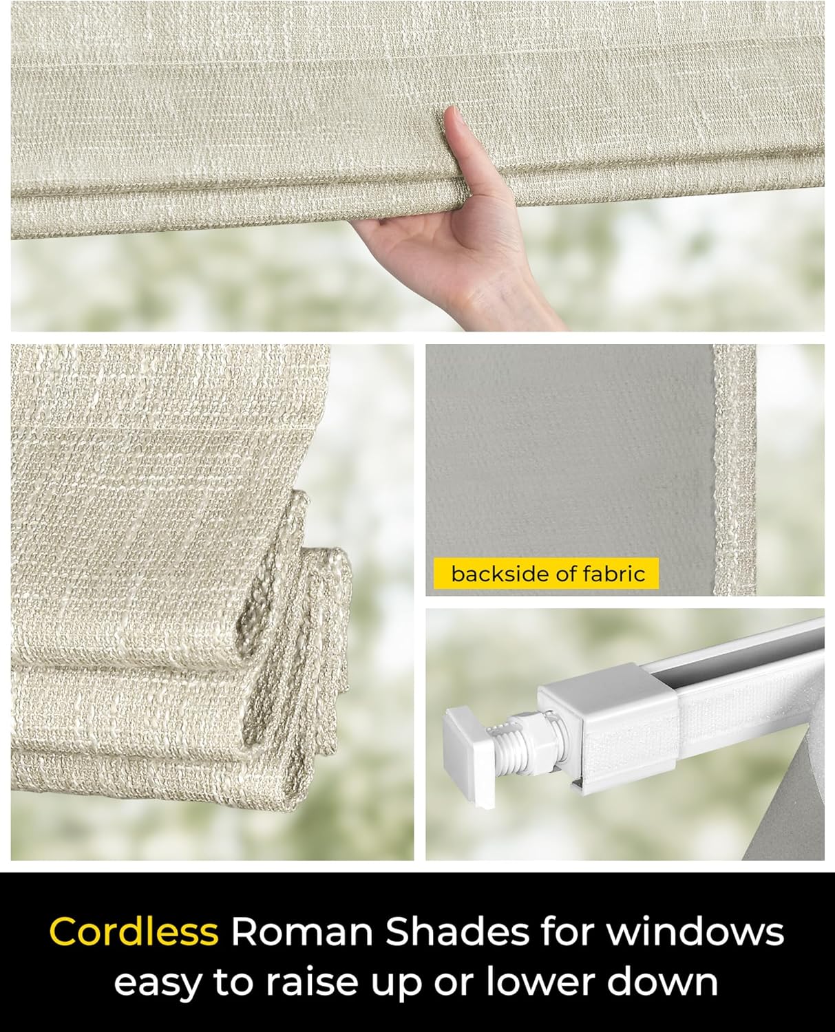 No Tools No Drill Cordless Roman Shades for Indoor Windows 100% Blackout, for Window Size 47" W × 64" H Beige