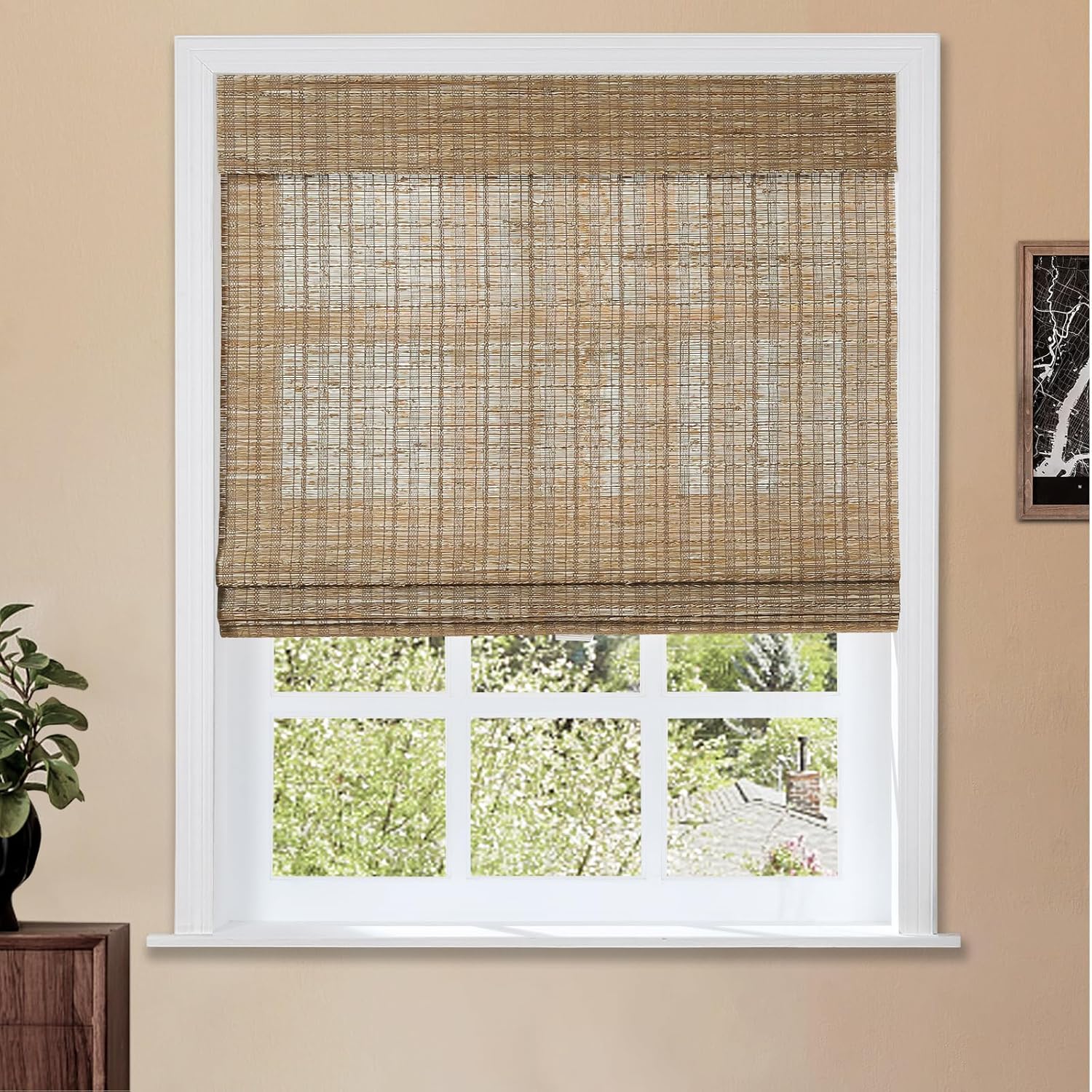 TWOPAGES Natural Cordless Ramie Roman Shade No Drill Customized Roman Blind Light Filtering Blackout Roman Window Shade for Windows, Beige, 1 Piece