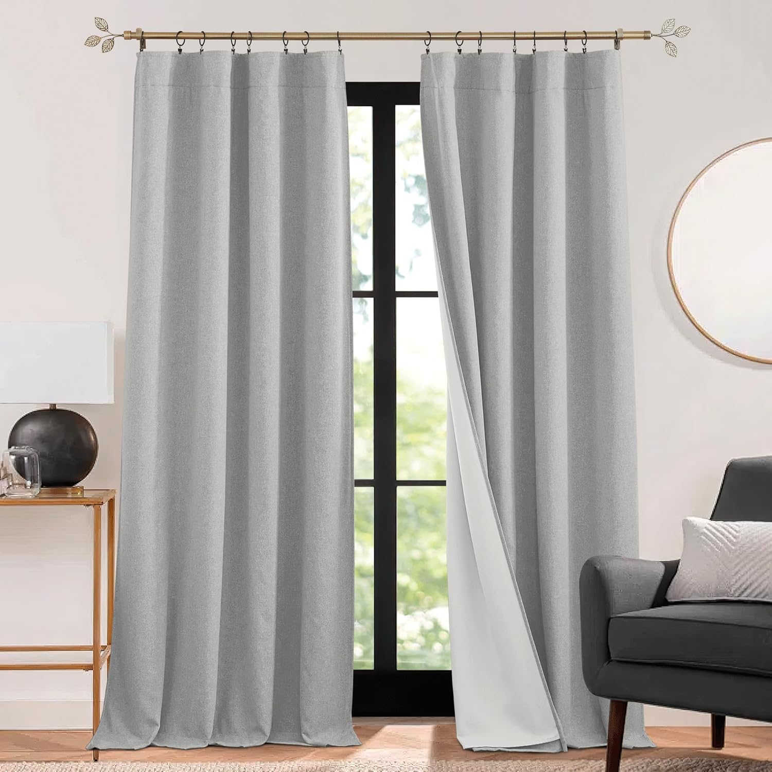 RYB HOME Soundproof Curtains Blackout - 3 Layers Light Block Noise Cancelling Thermal Insulated Curtains for Living Room Bedroom Room Divider, 52 inch Wide x 108 inch Long, Grey, 2 Panels