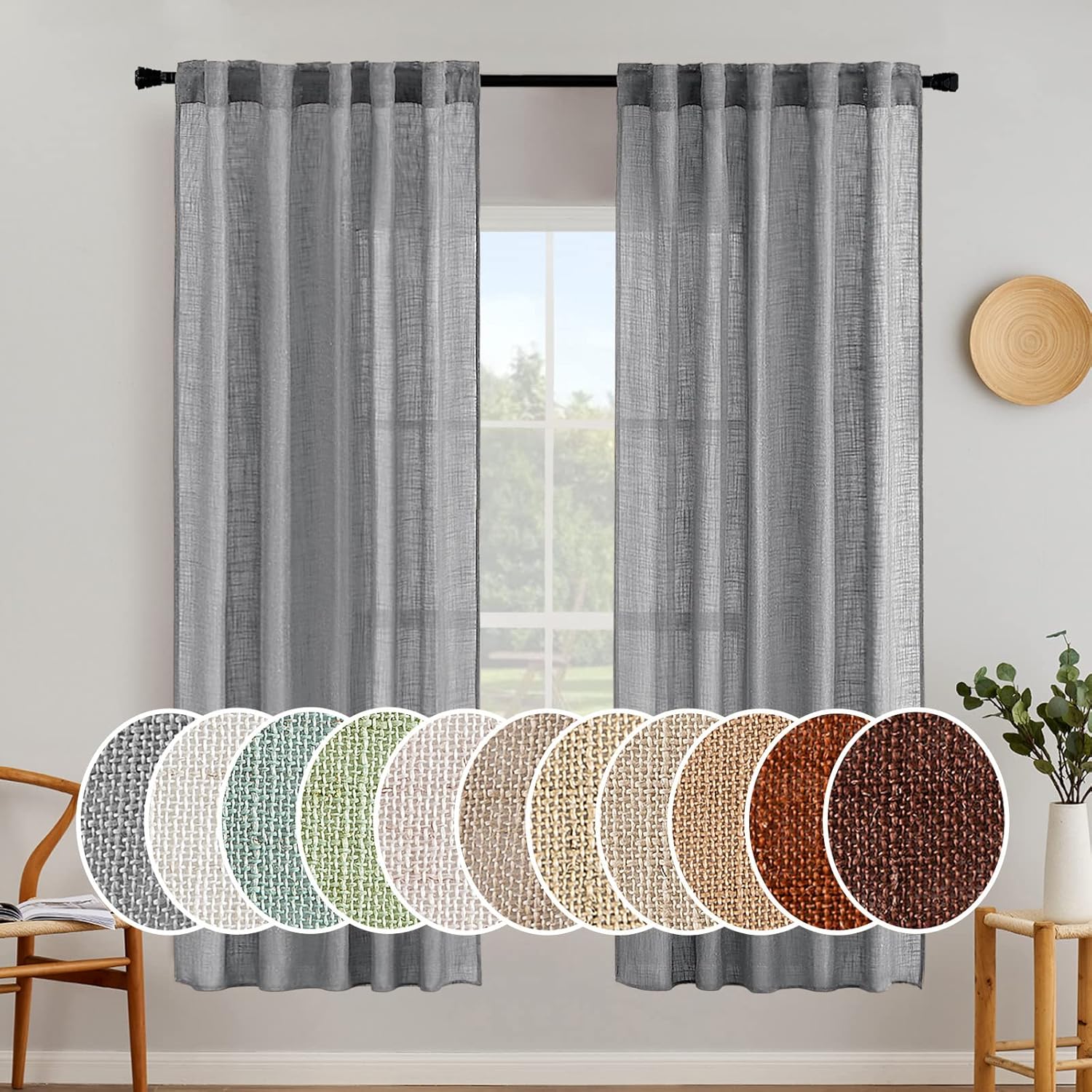 MIULEE Beige Linen Curtains 96 Inches Long 2 Panels for Bedroom Living Room, Soft Linen Textured Window Drapes Semi Sheer Light Filtering Back Tab Rod Pocket Farmhouse Modern Burlap Look Decor