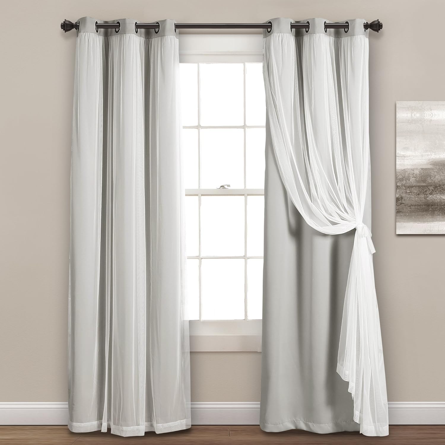 Lush Decor Sheer Grommet Curtains With Insulated Blackout Lining, Window Curtain Panels, Pair, 38"W x 120"L, Wheat - Curtain With Sheer Overlay, Elegant Blackout Curtains for Bedroom