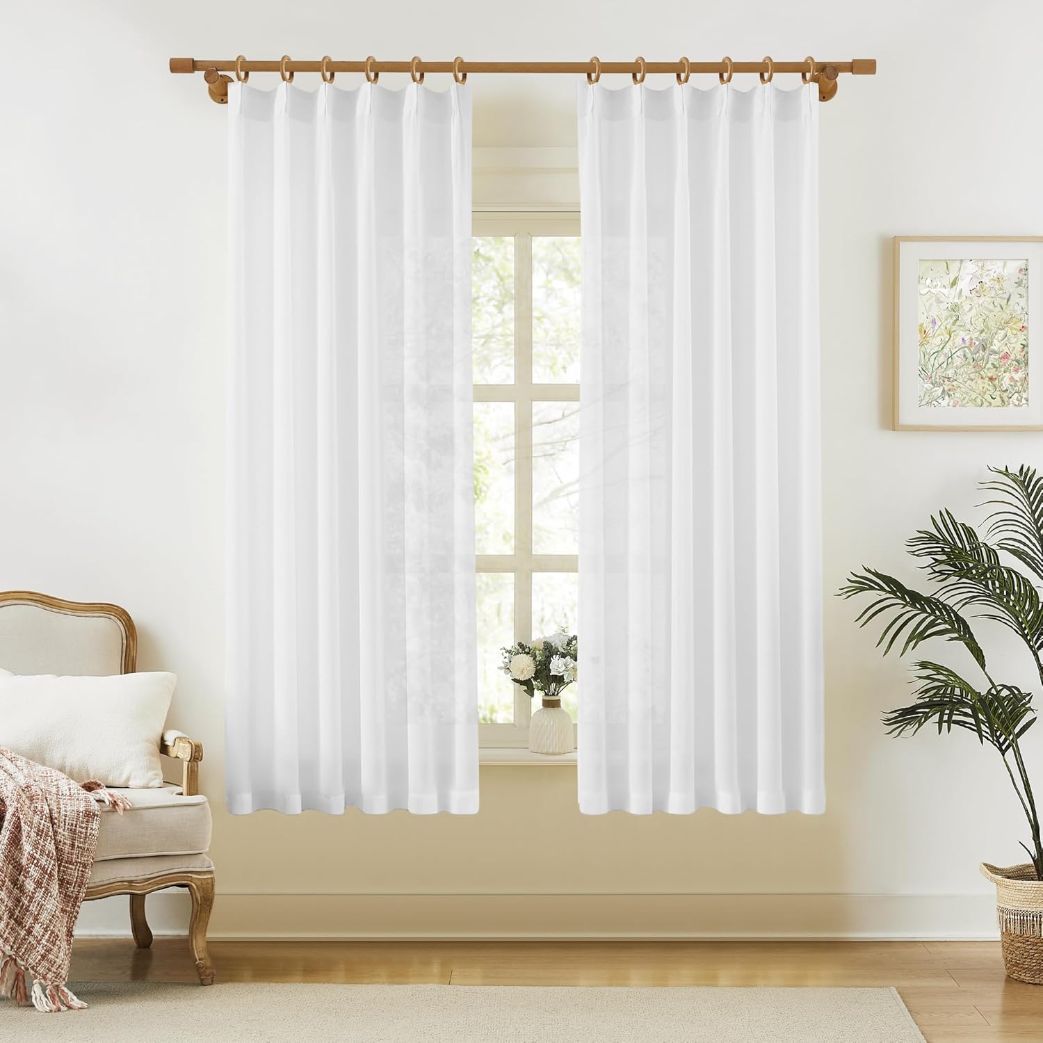 KangBang Pinch Pleat Sheer Curtains 112 Inches Long 2 Panels, Light Filtering Tree Branch Texture Soft Voile Drapes for Living Room Hotel Dorm, Gauzy and Breezy Window Panels, White,42x112 Inch