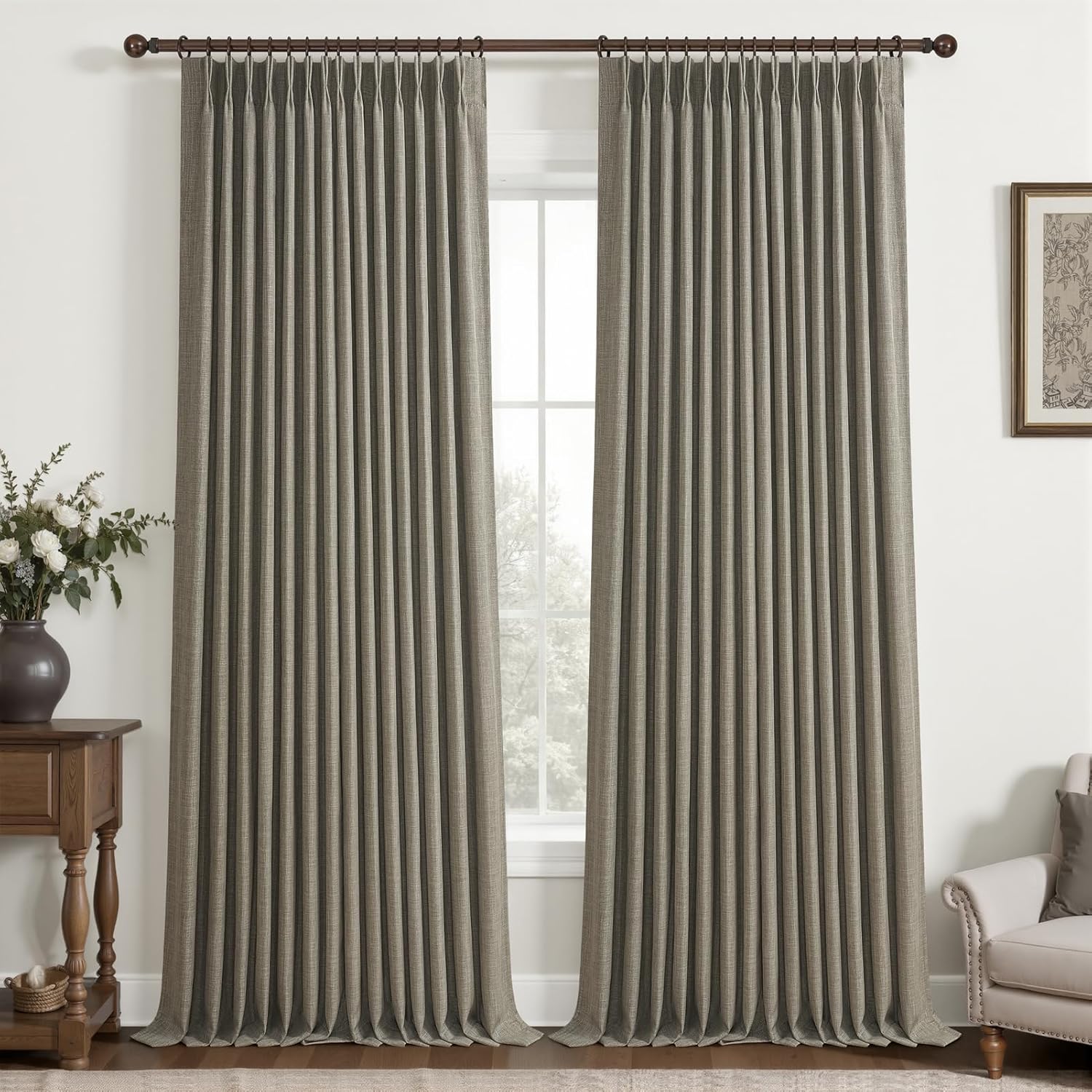 Beige White Blackout Floor to Ceiling Curtains 100 Inch Long for Sliding Door, Memory Trained Pinch Pleated Custom Double Layer Thick Linen Curtain Noise Reducing Light Blocking Bedroom Window Drapes
