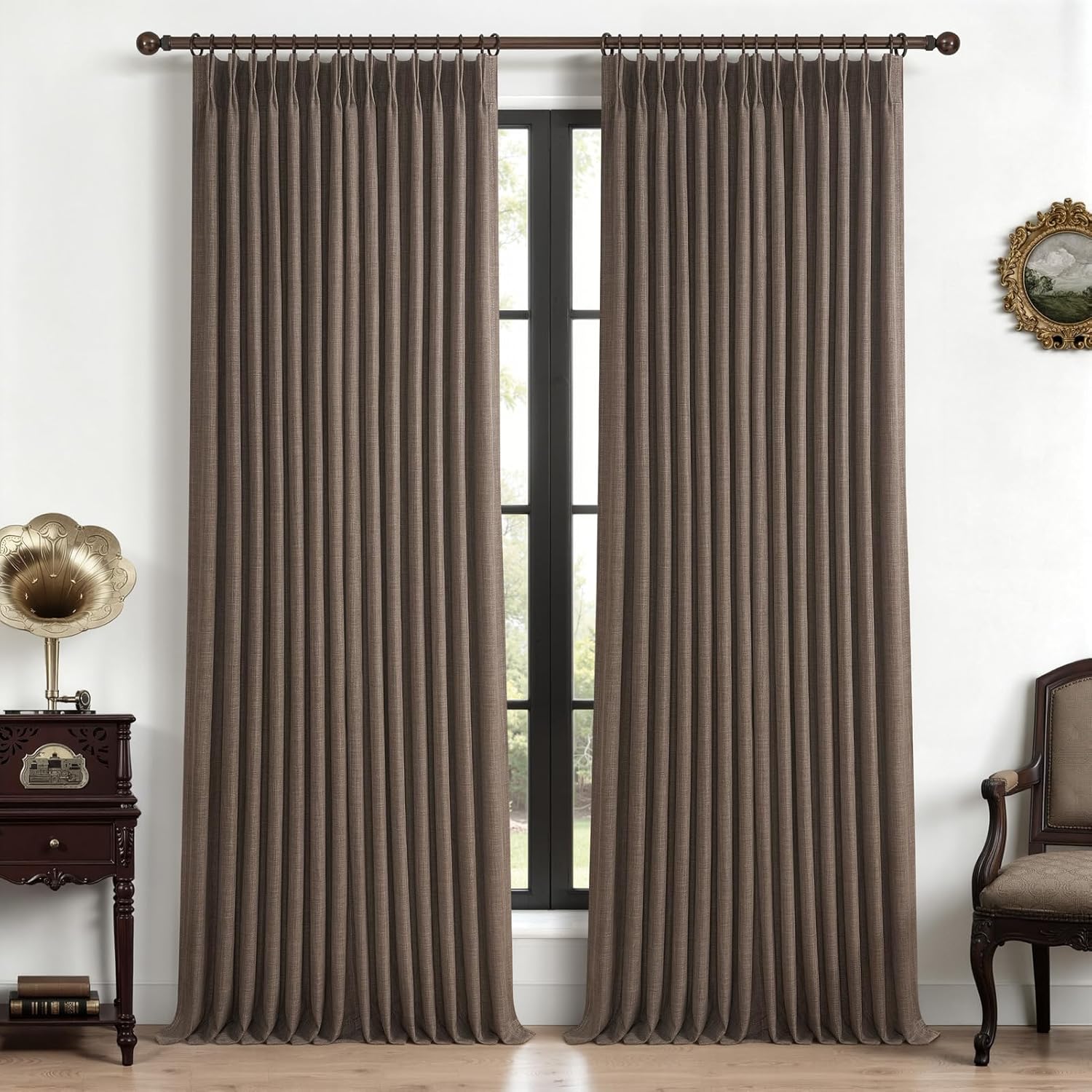 Beige White Blackout Floor to Ceiling Curtains 100 Inch Long for Sliding Door, Memory Trained Pinch Pleated Custom Double Layer Thick Linen Curtain Noise Reducing Light Blocking Bedroom Window Drapes