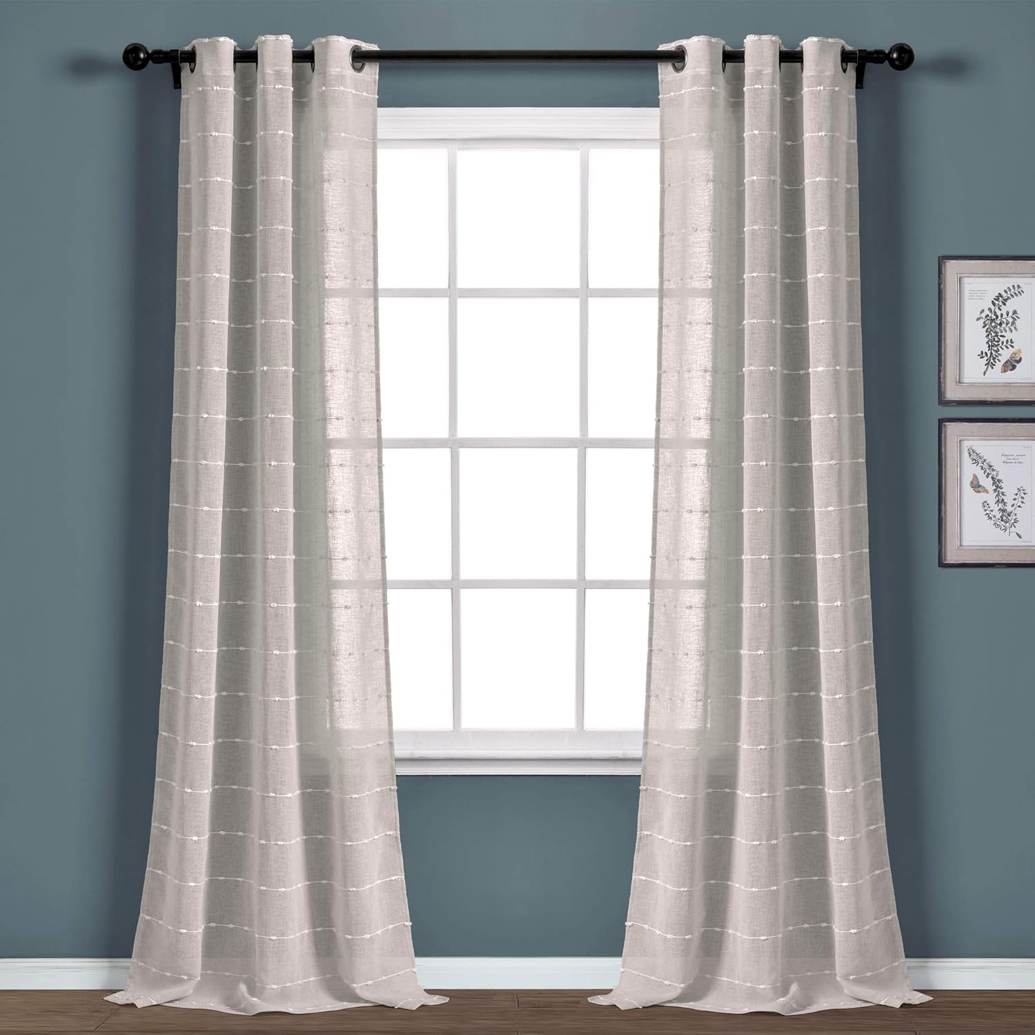 Lush Decor Farmhouse Textured Grommet Sheer Window Curtain Panel Pair, 38"W x 95"L, Beige