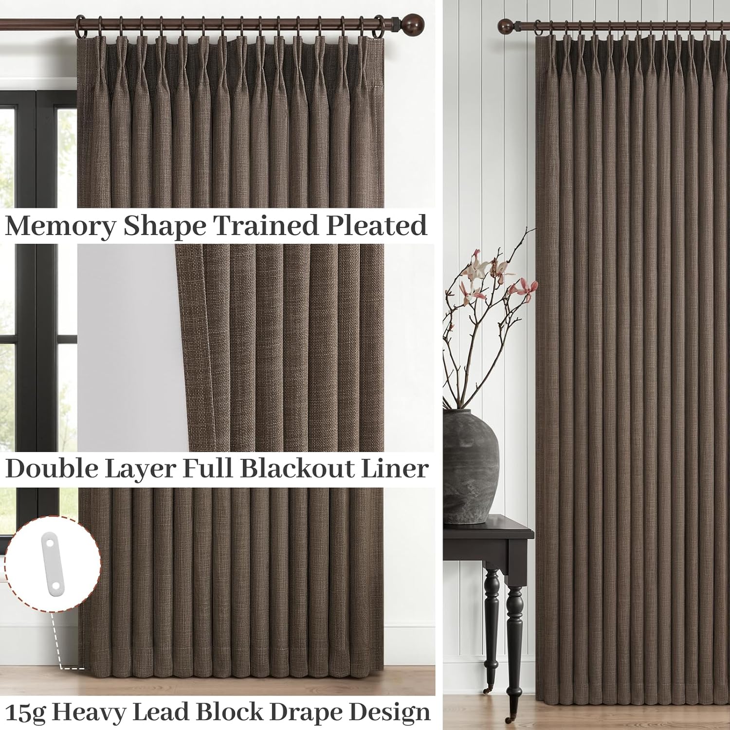 Dark Flax 100% Blackout Curtains 90 Inches Long for Kids Room, Memory Trained Pinch Pleated Thermal Noise Reducing Natural Linen Privacy Light Block Aesthetic Windows Drapes Brown Colored 2 Panels Set
