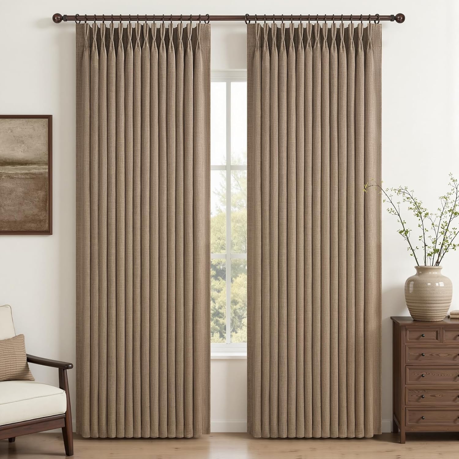 Beige White Blackout Floor to Ceiling Curtains 100 Inch Long for Sliding Door, Memory Trained Pinch Pleated Custom Double Layer Thick Linen Curtain Noise Reducing Light Blocking Bedroom Window Drapes