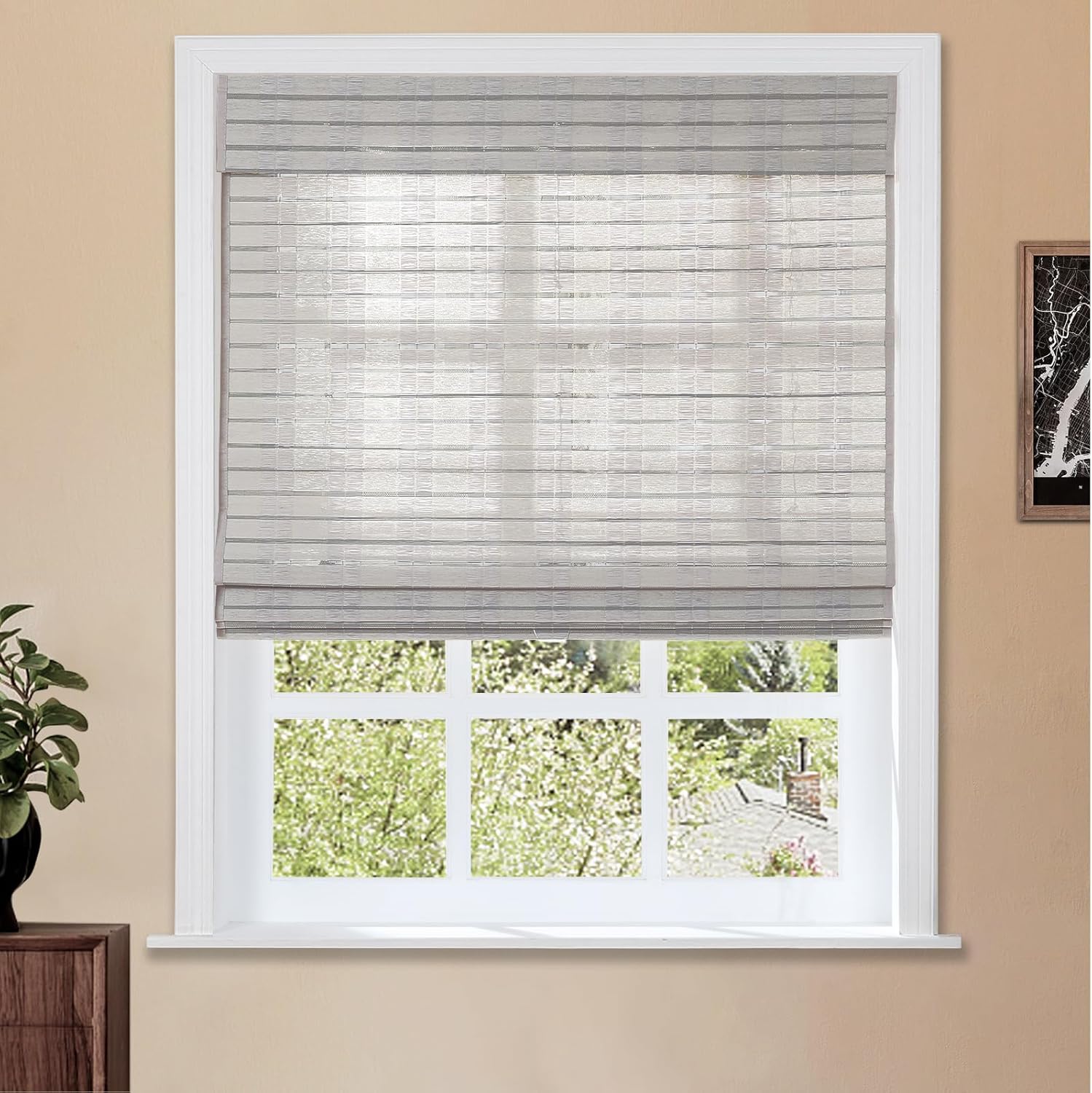 TWOPAGES Natural Cordless Ramie Roman Shade No Drill Customized Roman Blind Light Filtering Blackout Roman Window Shade for Windows, Beige, 1 Piece