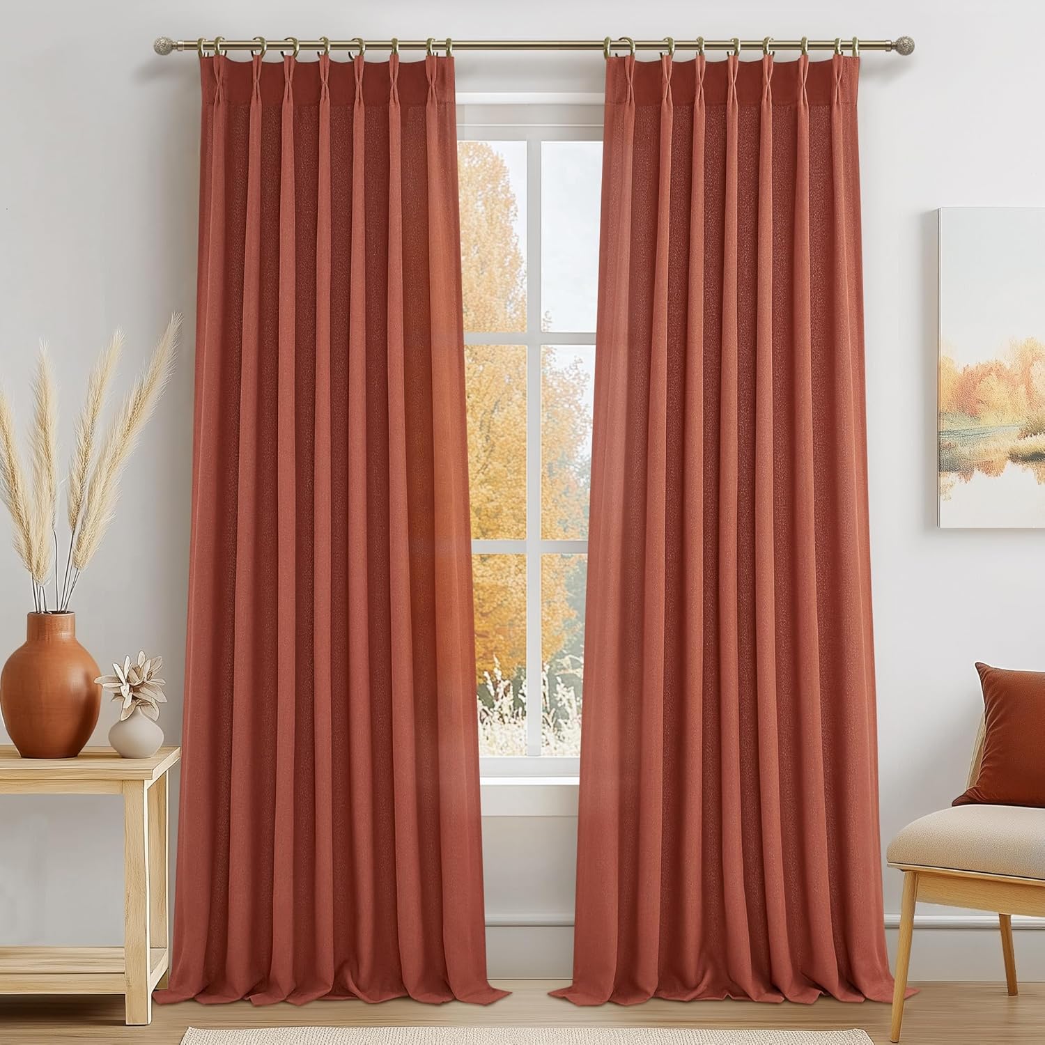 Pinch Pleated Linen Curtains 96 Inches Long for Living Room Bedroom, Light Filtering Boho Window Drape 96 inch 2 Panels Burgs with Hooks&Rings 8ft Cream Birch Sliding Glass Door Sheer Curtain Decor