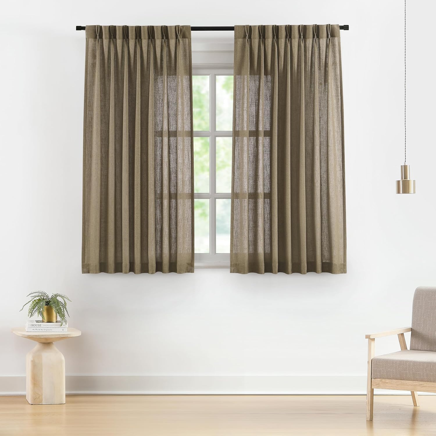 Vision Home Natural Pinch Pleated Semi Sheer Curtains Textured Linen Blended Light Filtering Window Curtains 90 inch for Living Room Bedroom Pinch Pleat Drapes with Hooks 2 Panels 42" Wx90 L