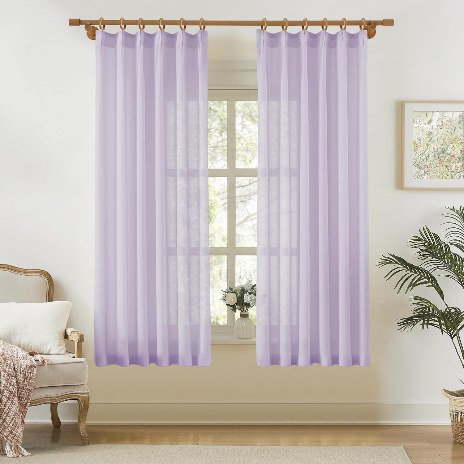 KangBang Pinch Pleat Sheer Curtains 112 Inches Long 2 Panels, Light Filtering Tree Branch Texture Soft Voile Drapes for Living Room Hotel Dorm, Gauzy and Breezy Window Panels, White,42x112 Inch