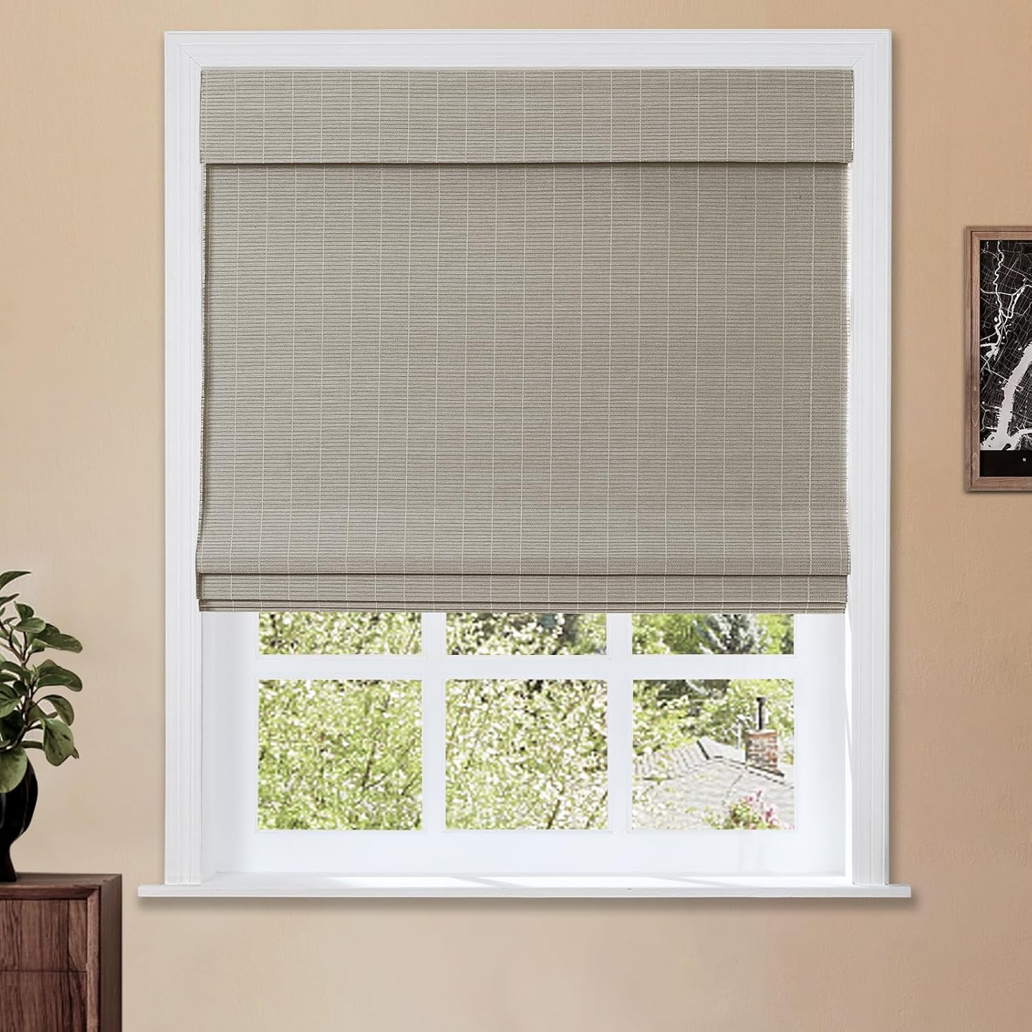 TWOPAGES Natural Cordless Ramie Roman Shade No Drill Customized Roman Blind Light Filtering Blackout Roman Window Shade for Windows, Beige, 1 Piece